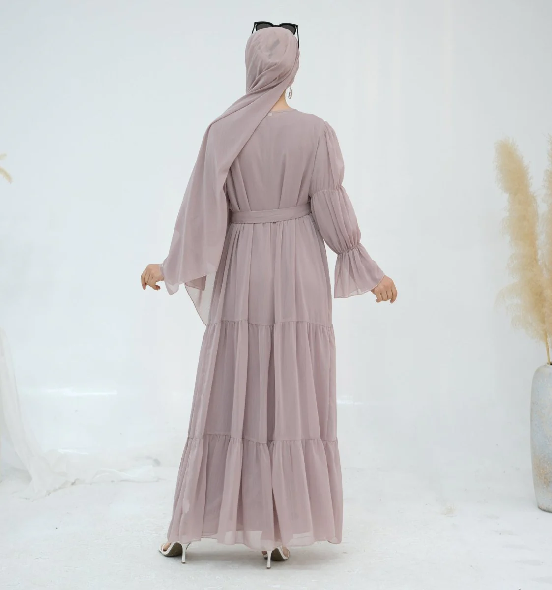 Solid Color Layered Chiffon Elegant Open Abaya 3-Piece Set (MOA132) - Image 18
