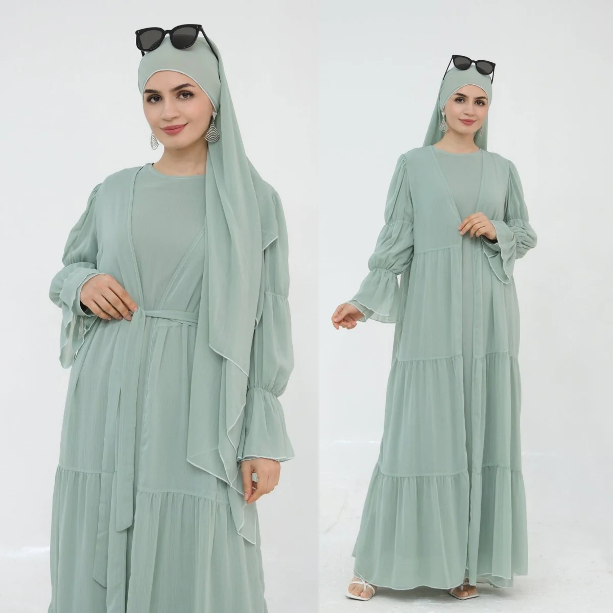 Solid Color Layered Chiffon Elegant Open Abaya 3-Piece Set (MOA132) - Image 3