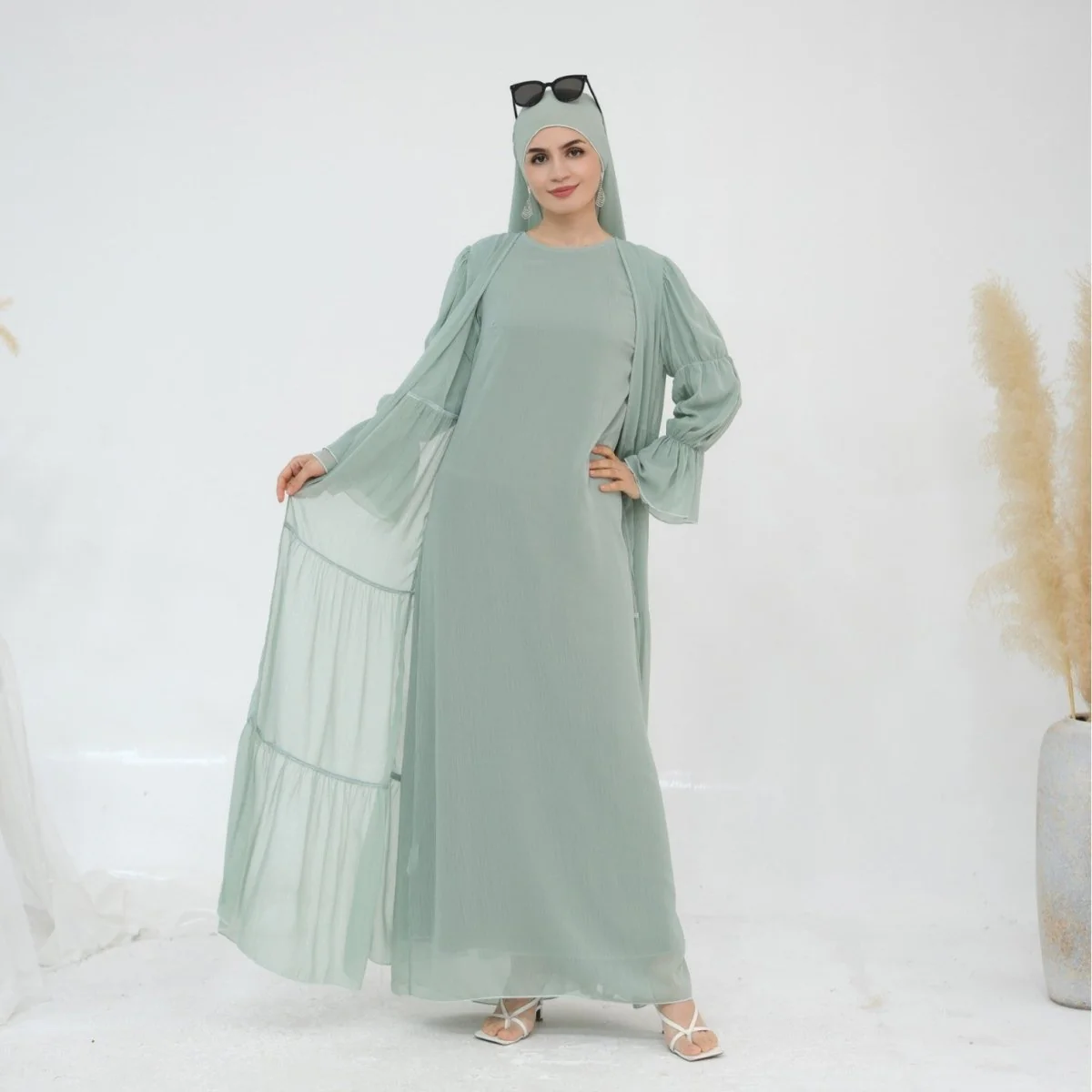 Solid Color Layered Chiffon Elegant Open Abaya 3-Piece Set (MOA132) - Image 4