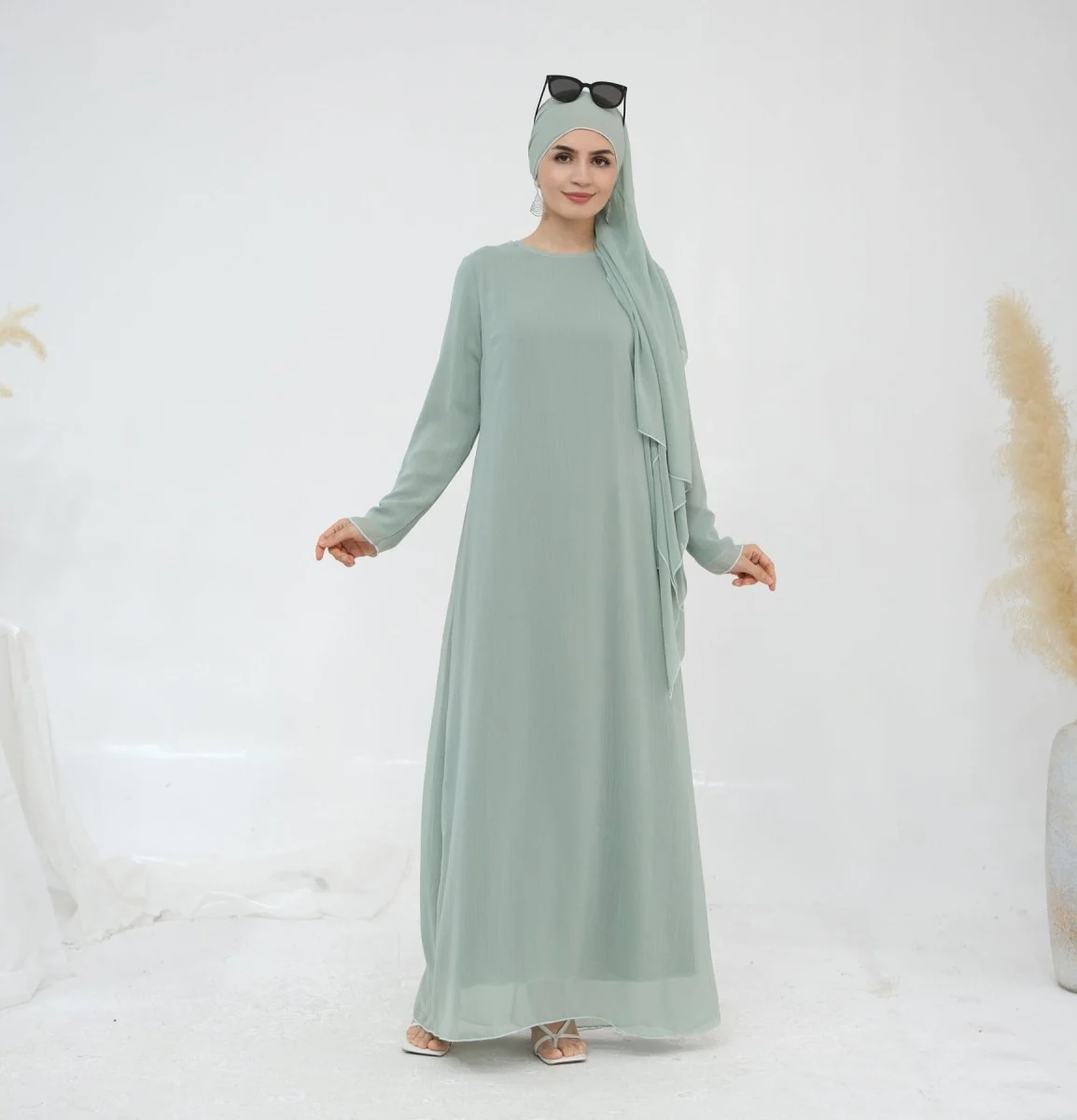 Solid Color Layered Chiffon Elegant Open Abaya 3-Piece Set (MOA132) - Image 5