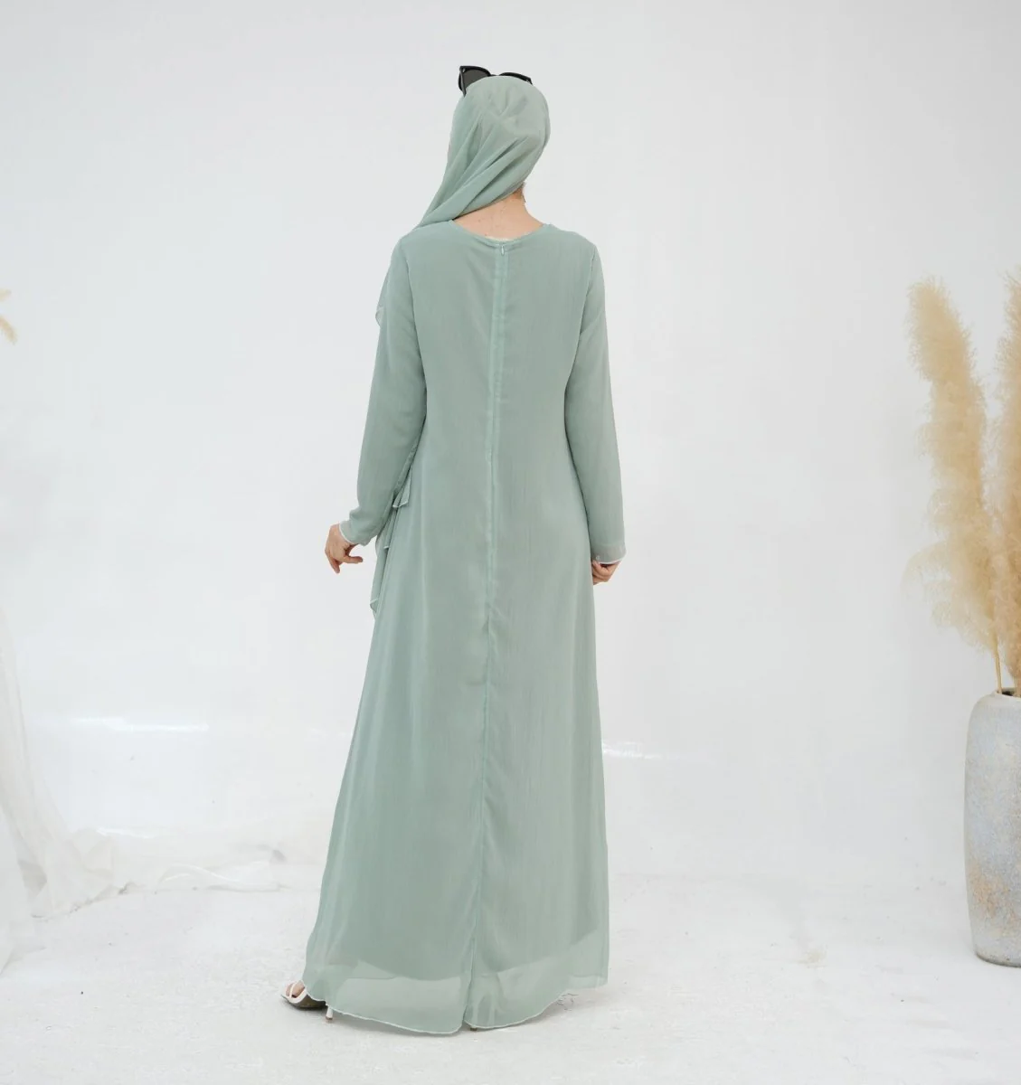 Solid Color Layered Chiffon Elegant Open Abaya 3-Piece Set (MOA132) - Image 6