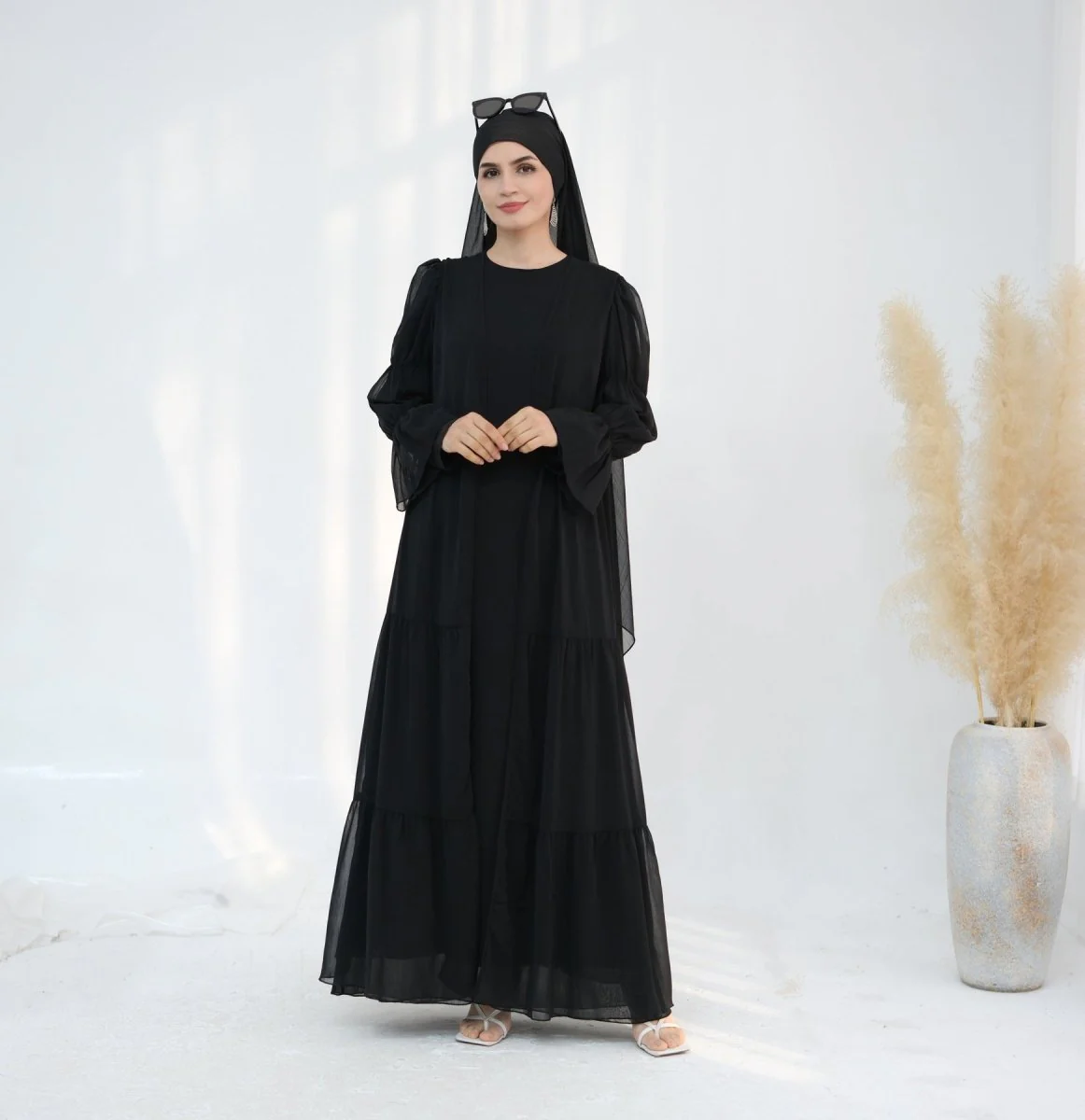 Solid Color Layered Chiffon Elegant Open Abaya 3-Piece Set (MOA132) - Image 7
