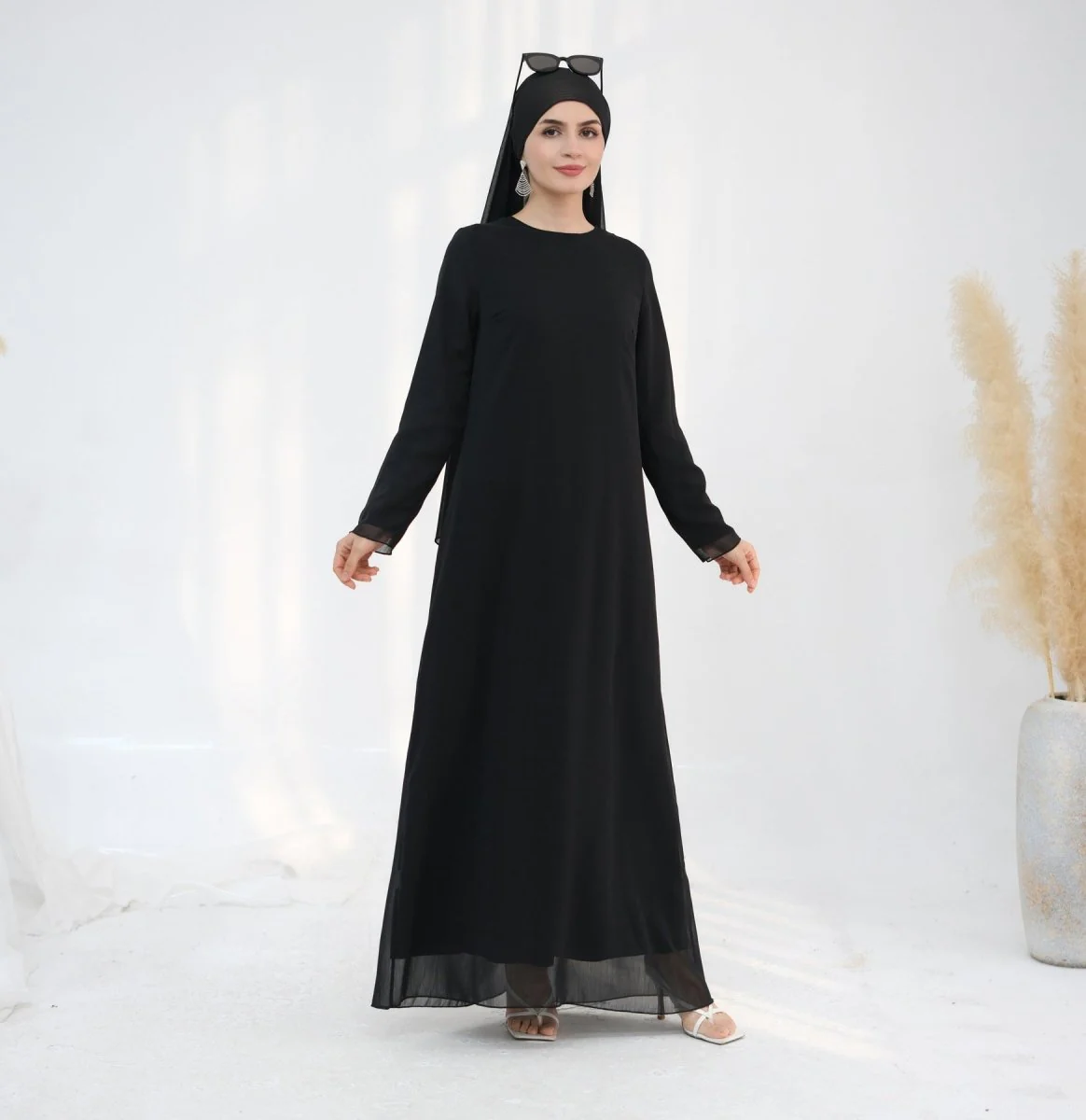 Solid Color Layered Chiffon Elegant Open Abaya 3-Piece Set (MOA132) - Image 8