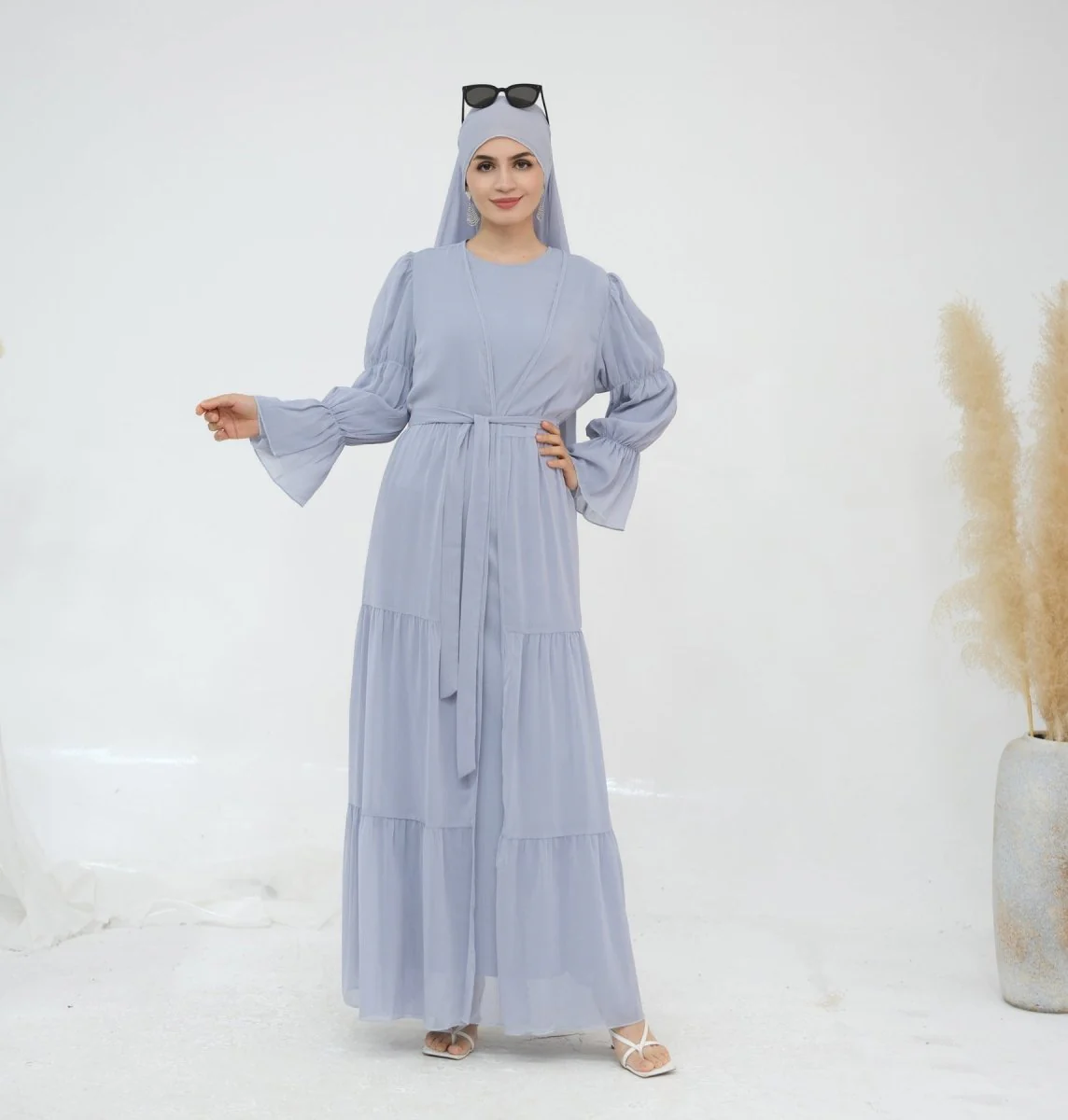 Solid Color Layered Chiffon Elegant Open Abaya 3-Piece Set (MOA132) - Image 9