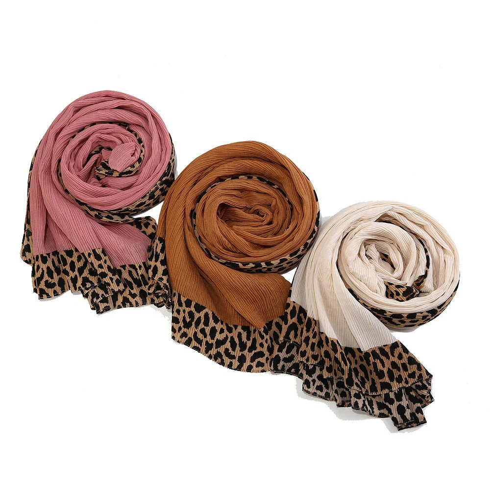 Solid Color Leopard-Print Embellished Crinkle Scarf Hijab (MH181) - Image 16