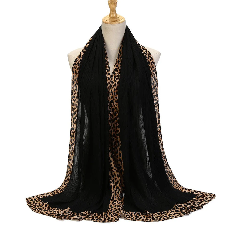 Solid Color Leopard-Print Embellished Crinkle Scarf Hijab (MH181) - Image 2