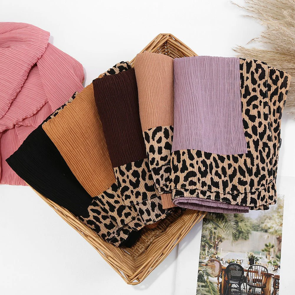 Solid Color Leopard-Print Embellished Crinkle Scarf Hijab (MH181) - Image 3