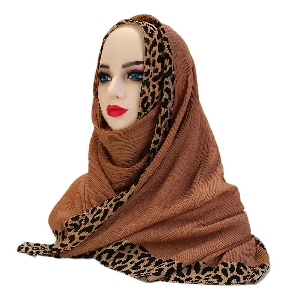 Solid Color Leopard-Print Embellished Crinkle Scarf Hijab (MH181) - Image 4