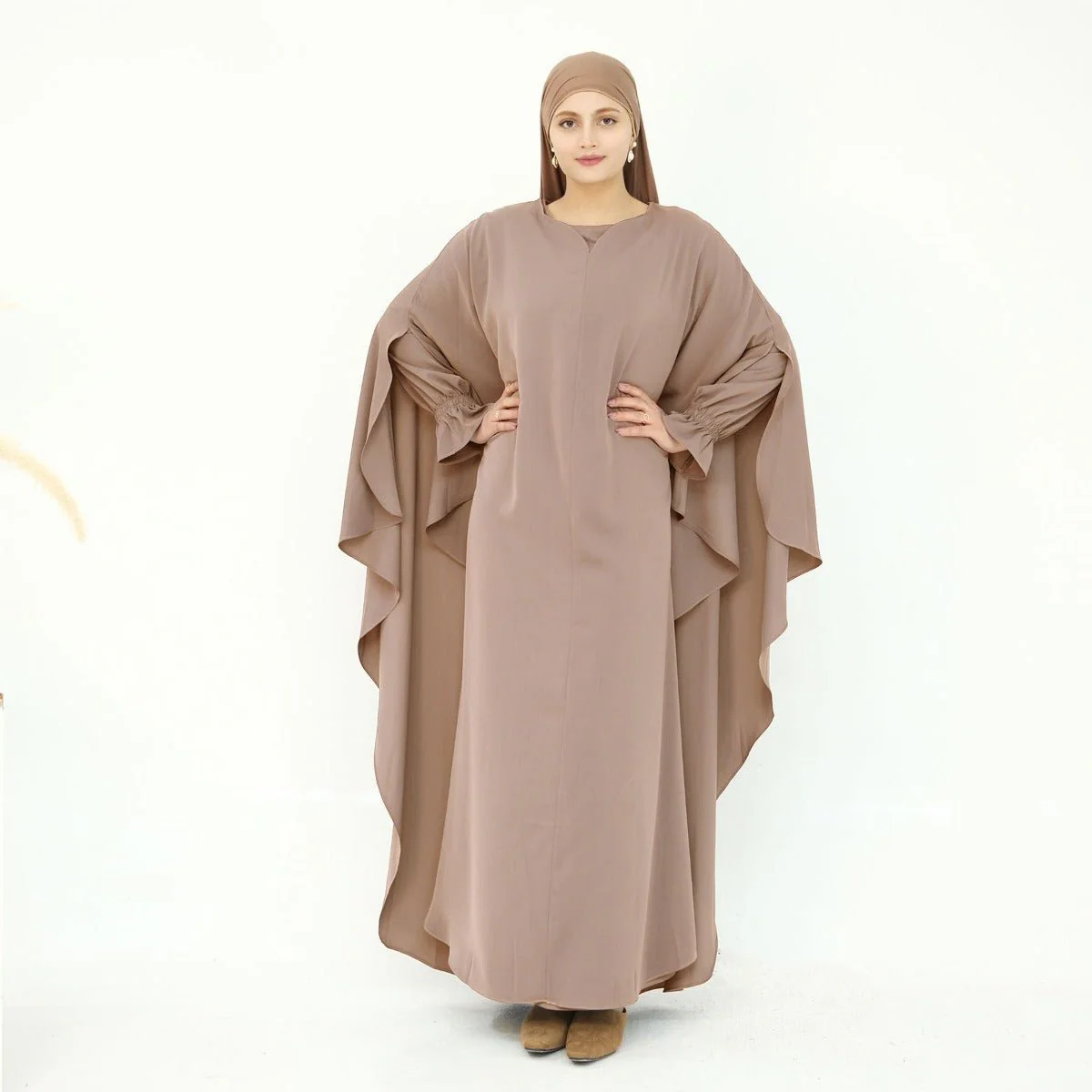 Solid Color Modest Robe Dress Two-Piece Set – Muslim Abaya with Puff Sleeves(MA275) - Image 11