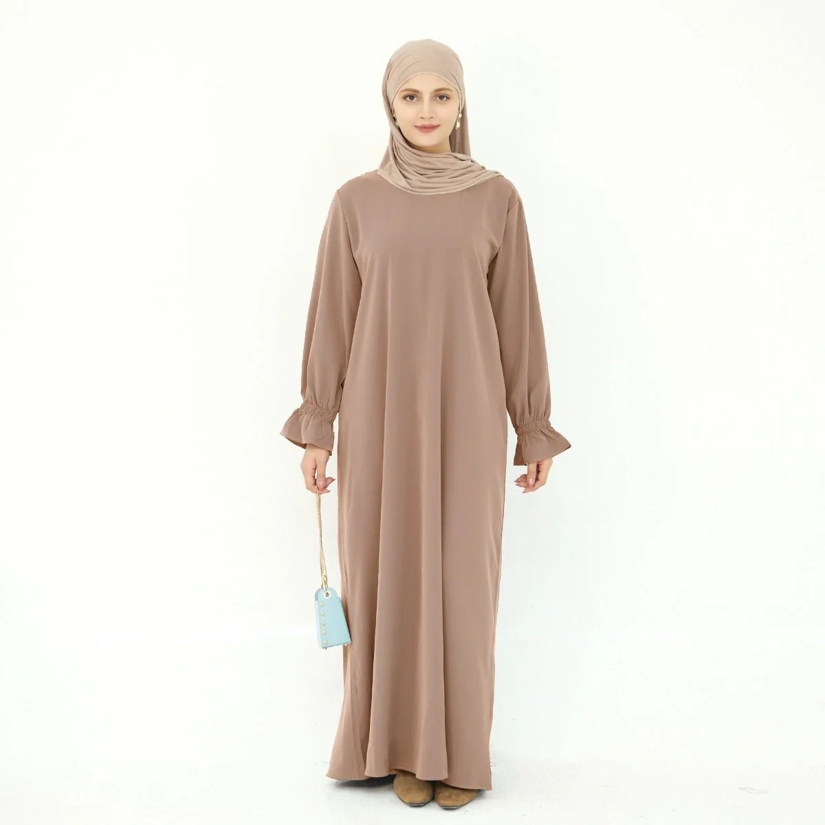 Solid Color Modest Robe Dress Two-Piece Set – Muslim Abaya with Puff Sleeves(MA275) - Image 12