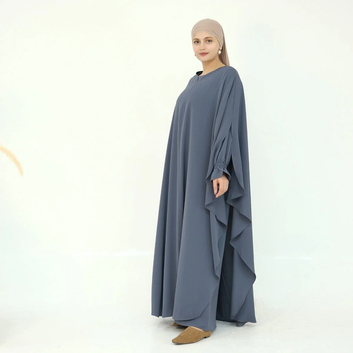 Solid Color Modest Robe Dress Two-Piece Set – Muslim Abaya with Puff Sleeves(MA275) - Image 15
