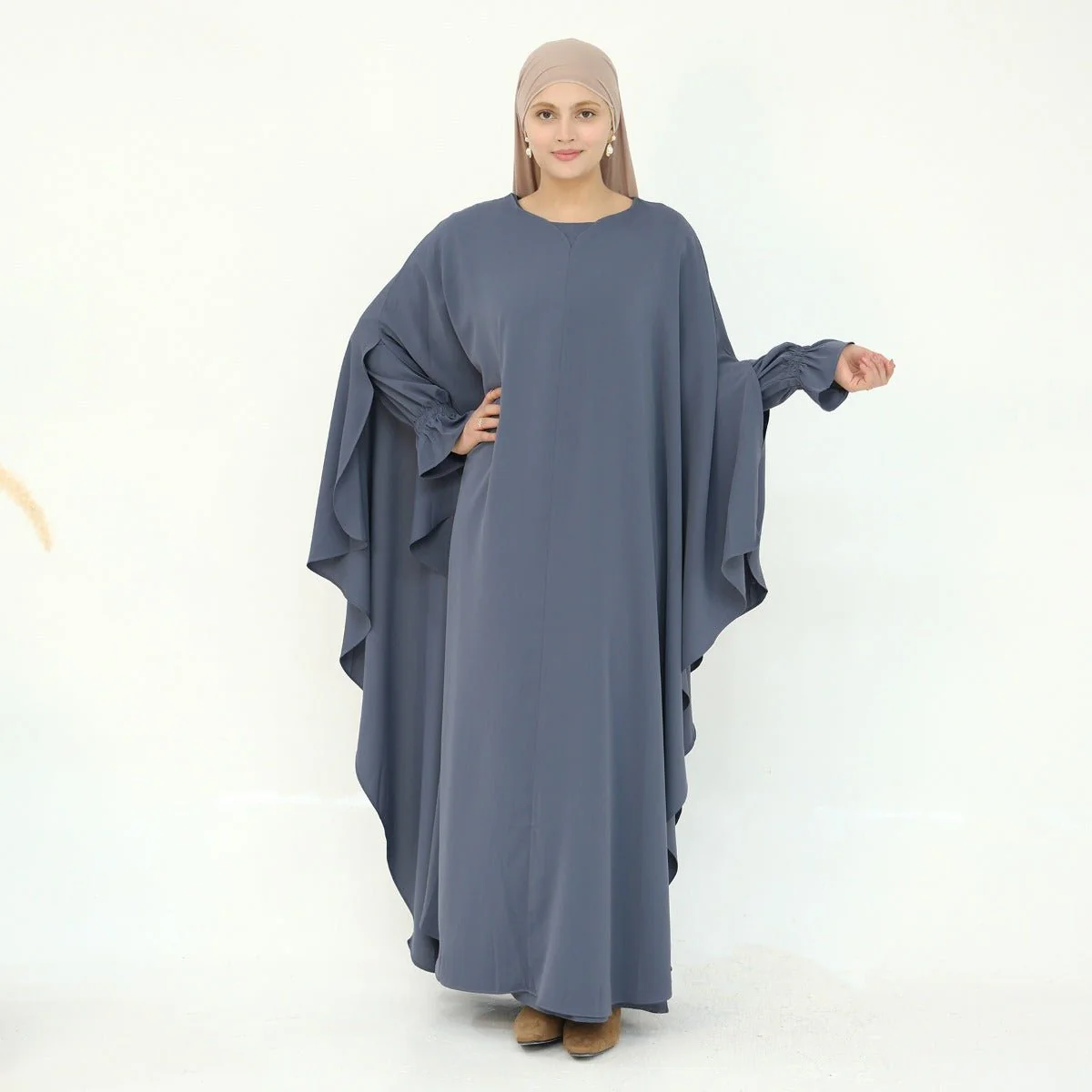 Solid Color Modest Robe Dress Two-Piece Set – Muslim Abaya with Puff Sleeves(MA275) - Image 16