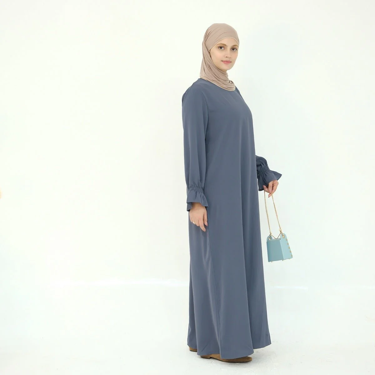 Solid Color Modest Robe Dress Two-Piece Set – Muslim Abaya with Puff Sleeves(MA275) - Image 18