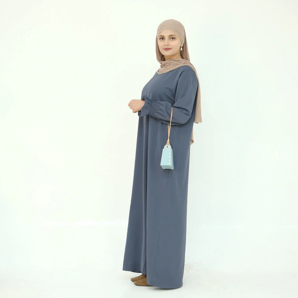 Solid Color Modest Robe Dress Two-Piece Set – Muslim Abaya with Puff Sleeves(MA275) - Image 21