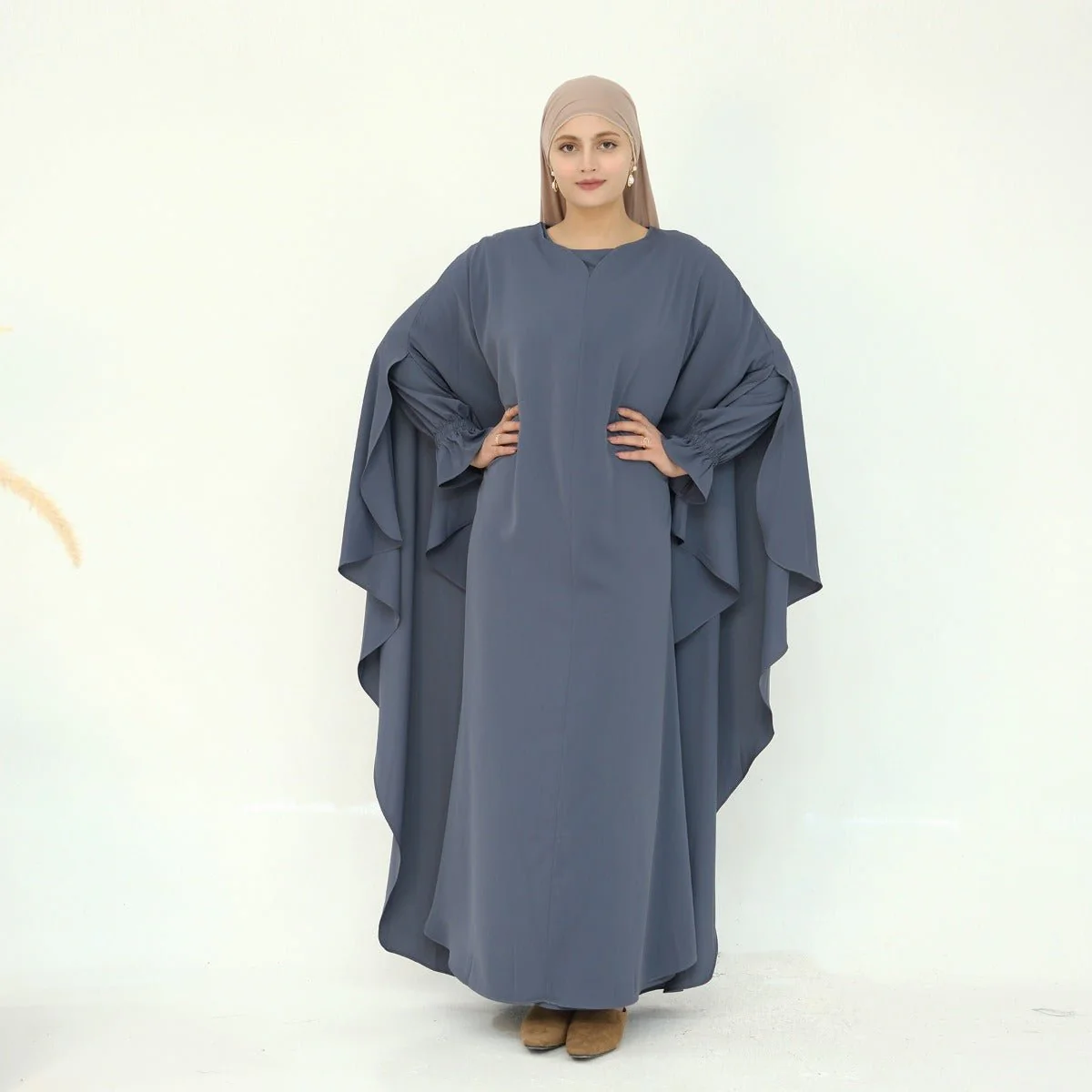 Solid Color Modest Robe Dress Two-Piece Set – Muslim Abaya with Puff Sleeves(MA275) - Image 22