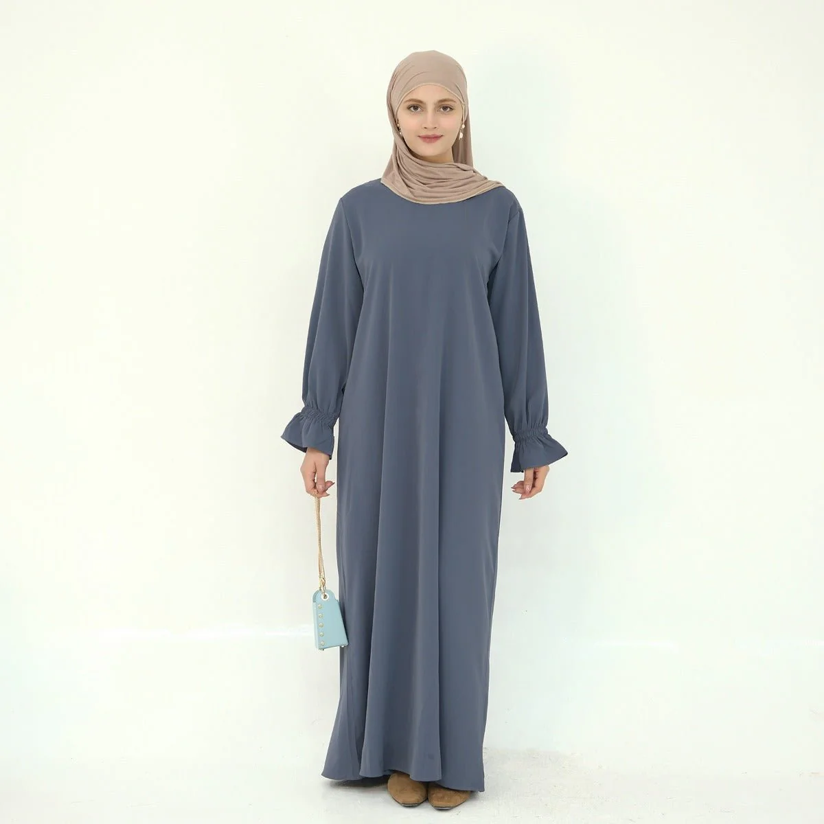 Solid Color Modest Robe Dress Two-Piece Set – Muslim Abaya with Puff Sleeves(MA275) - Image 25