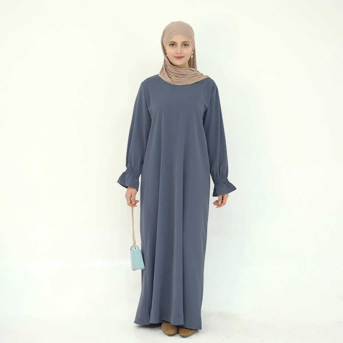 Solid Color Modest Robe Dress Two-Piece Set – Muslim Abaya with Puff Sleeves(MA275) - Image 26