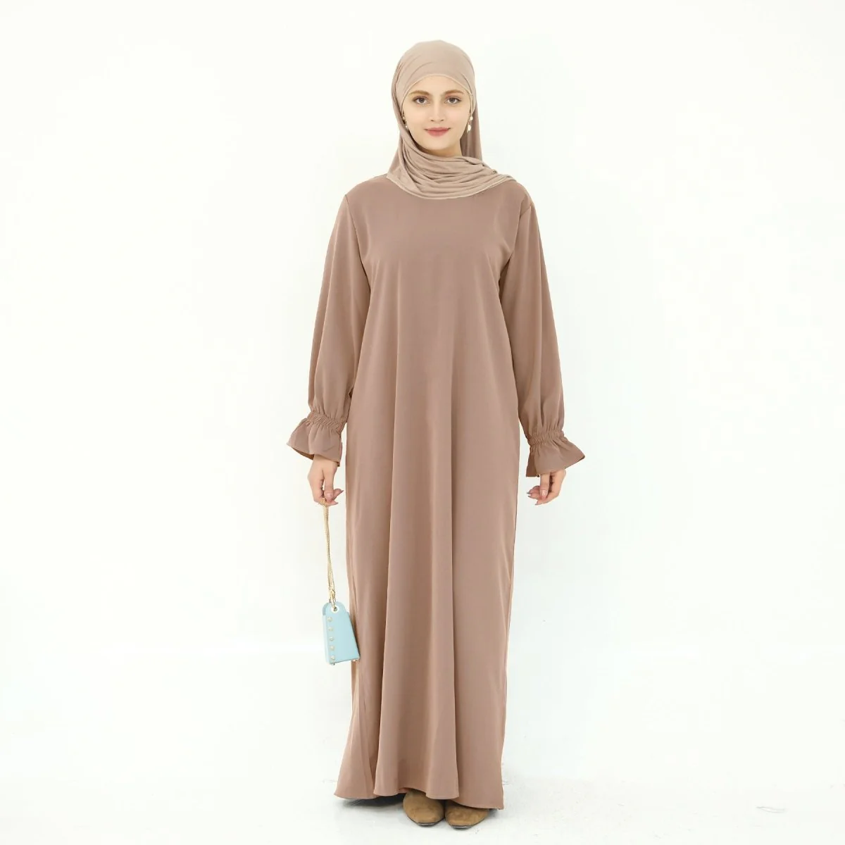 Solid Color Modest Robe Dress Two-Piece Set – Muslim Abaya with Puff Sleeves(MA275) - Image 27