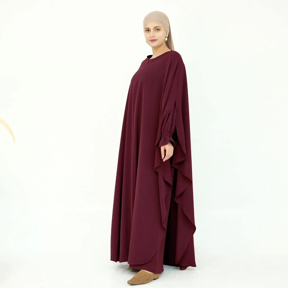 Solid Color Modest Robe Dress Two-Piece Set – Muslim Abaya with Puff Sleeves(MA275) - Image 3