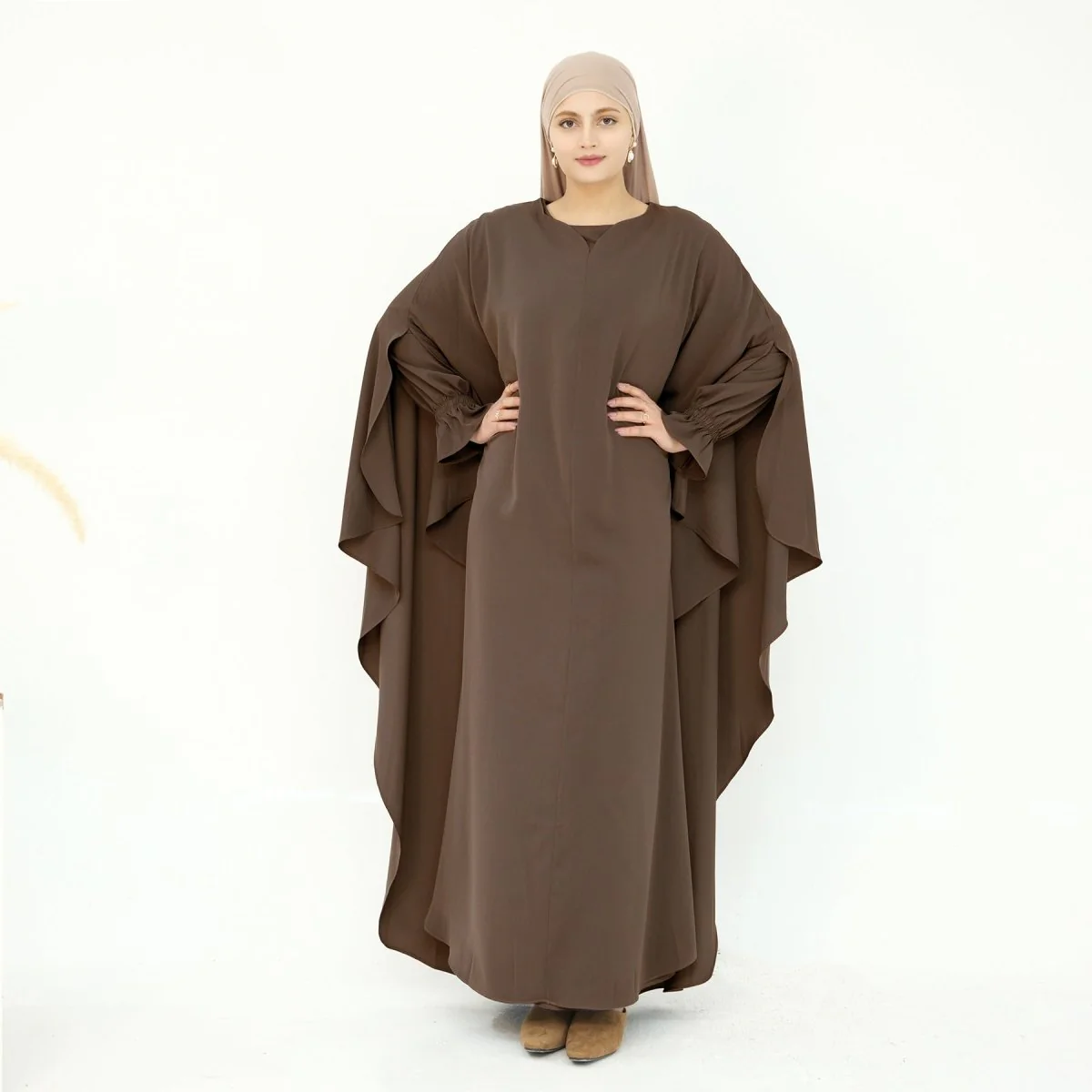 Solid Color Modest Robe Dress Two-Piece Set – Muslim Abaya with Puff Sleeves(MA275) - Image 30