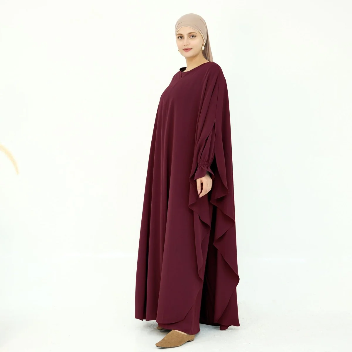 Solid Color Modest Robe Dress Two-Piece Set – Muslim Abaya with Puff Sleeves(MA275) - Image 31