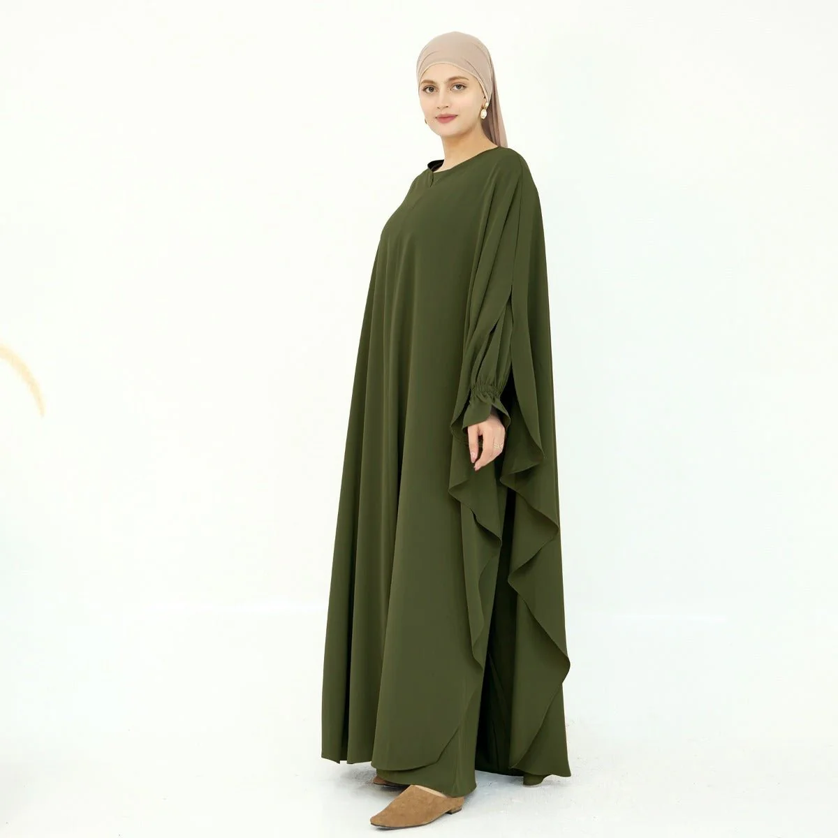 Solid Color Modest Robe Dress Two-Piece Set – Muslim Abaya with Puff Sleeves(MA275) - Image 8
