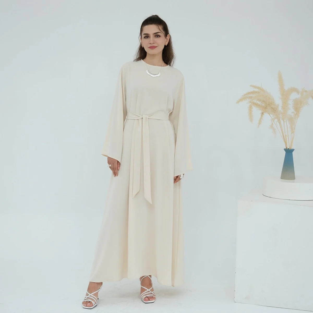 Solid Color Nida Abaya with Belt | A-Line Maxi Dress Abaya (MA359) - Image 17