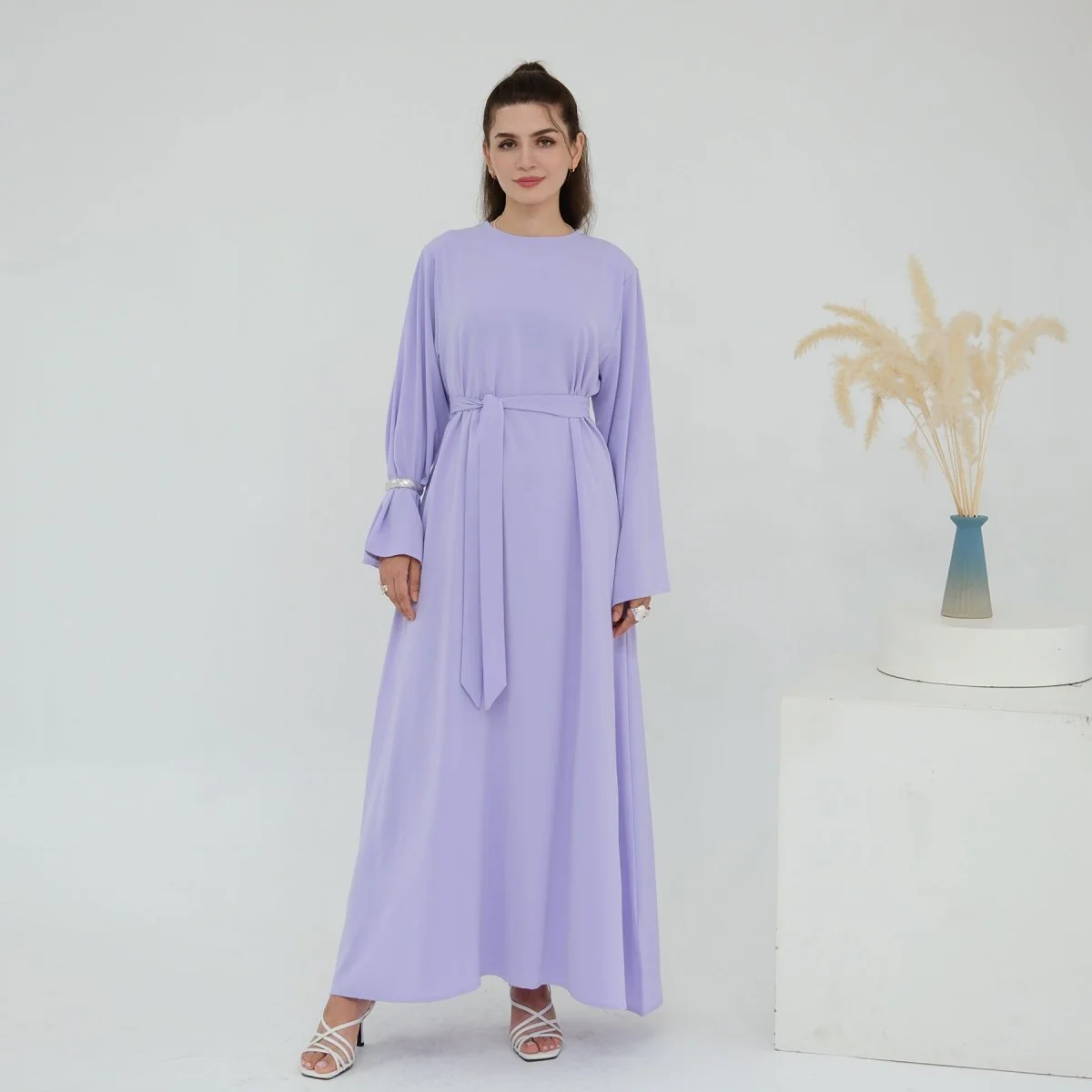 Solid Color Nida Abaya with Belt | A-Line Maxi Dress Abaya (MA359) - Image 21