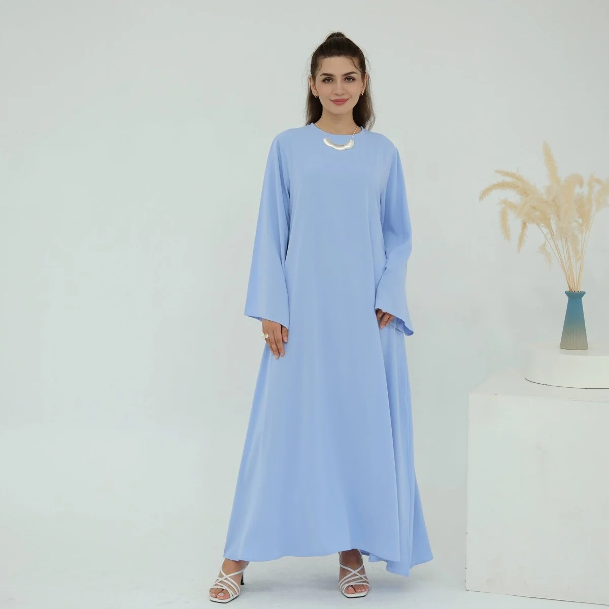 Solid Color Nida Abaya with Belt | A-Line Maxi Dress Abaya (MA359) - Image 6