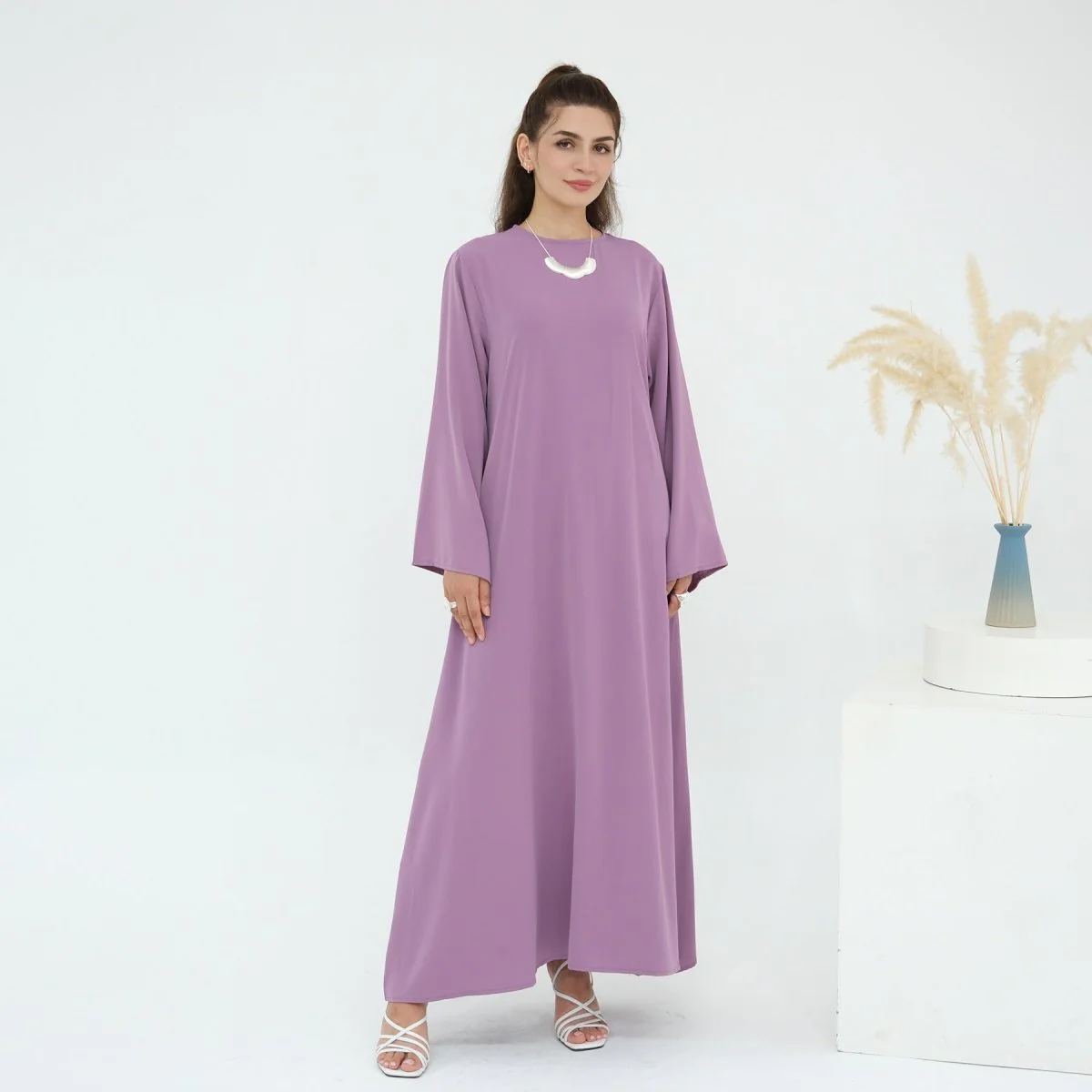 Solid Color Nida Abaya with Belt | A-Line Maxi Dress Abaya (MA359) - Image 7