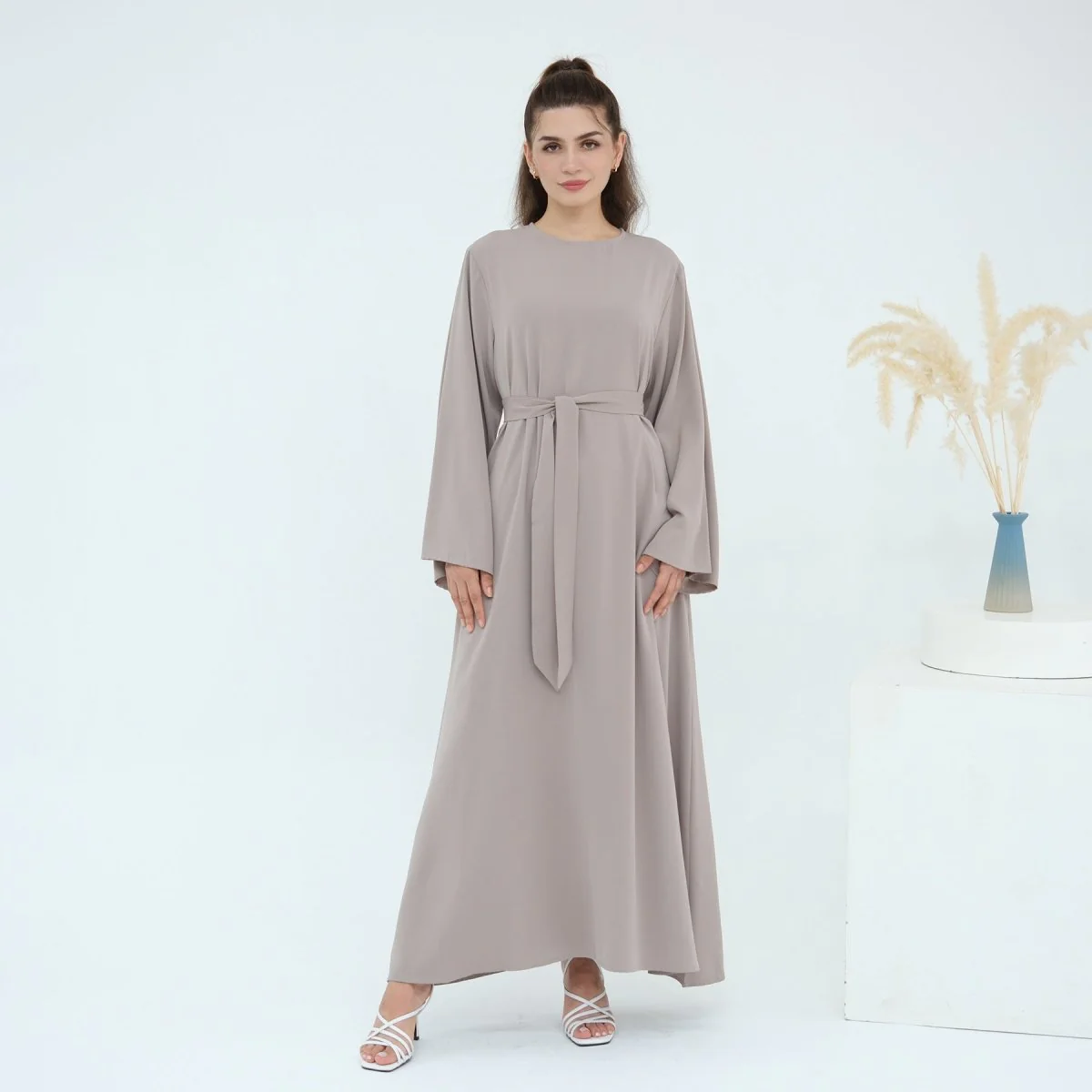 Solid Color Nida Abaya with Belt | A-Line Maxi Dress Abaya (MA359) - Image 8