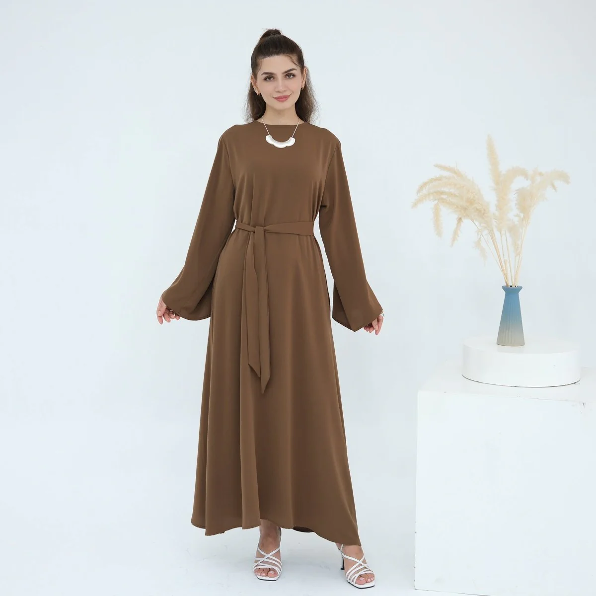 Solid Color Nida Abaya with Belt | A-Line Maxi Dress Abaya (MA359) - Image 9