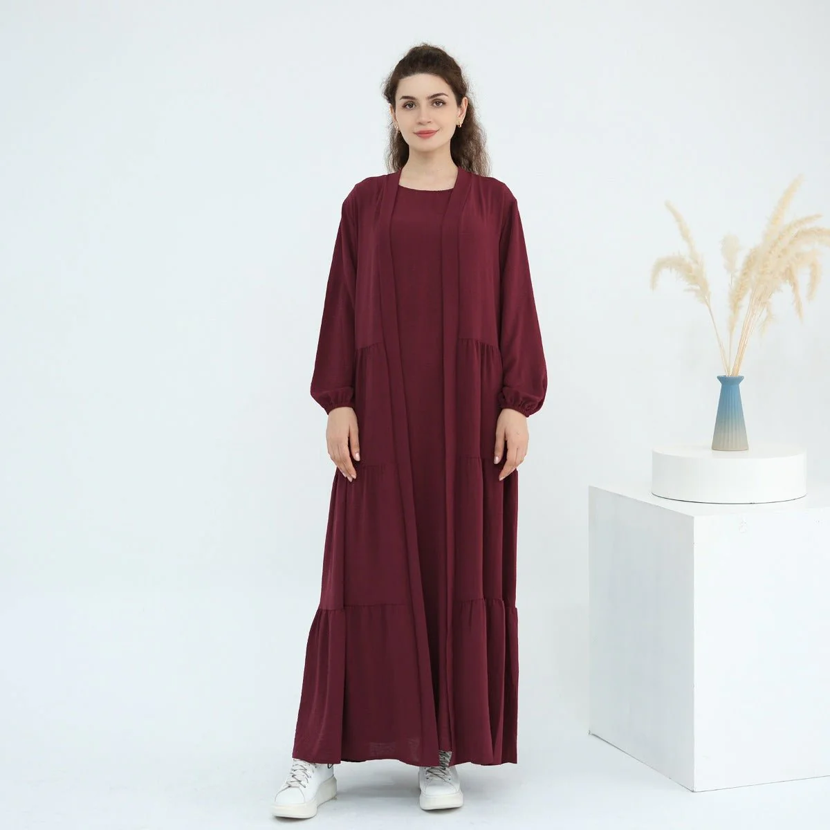 Solid Color Puff Sleeve Layered Maxi Dress Robe Dress Two-Piece Set (MOA165) - Image 10