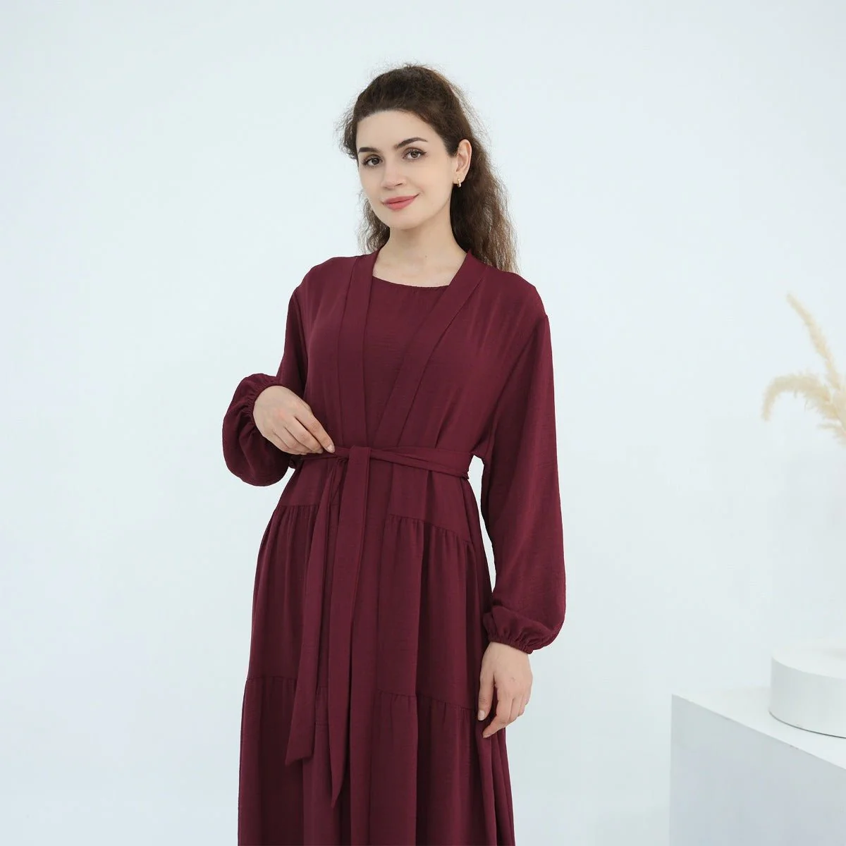 Solid Color Puff Sleeve Layered Maxi Dress Robe Dress Two-Piece Set (MOA165) - Image 11