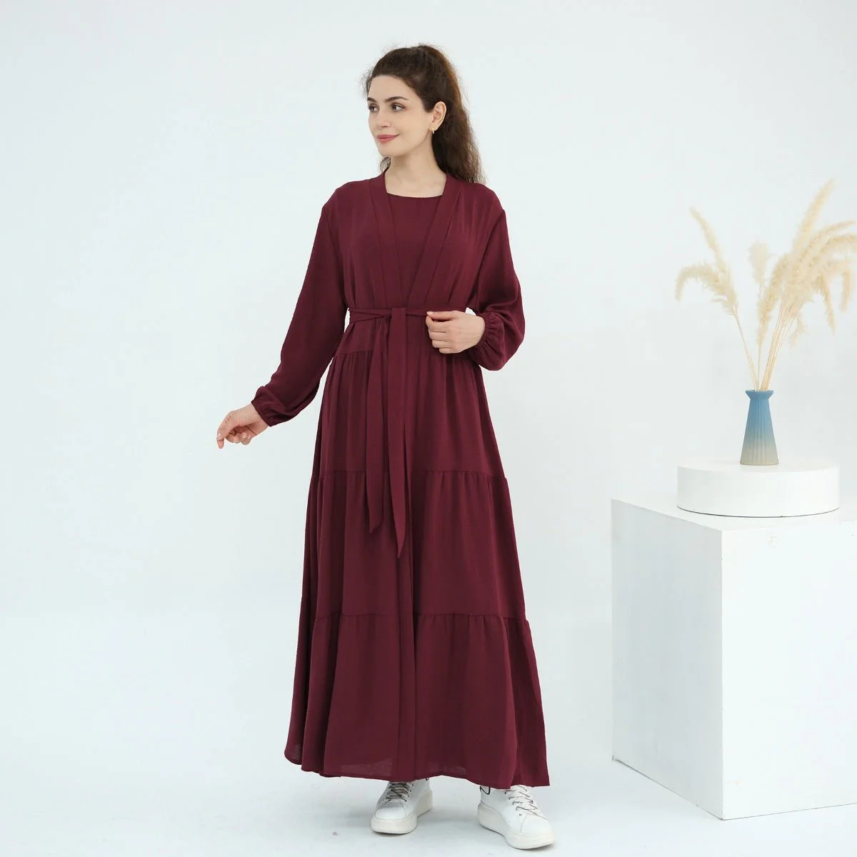 Solid Color Puff Sleeve Layered Maxi Dress Robe Dress Two-Piece Set (MOA165) - Image 12