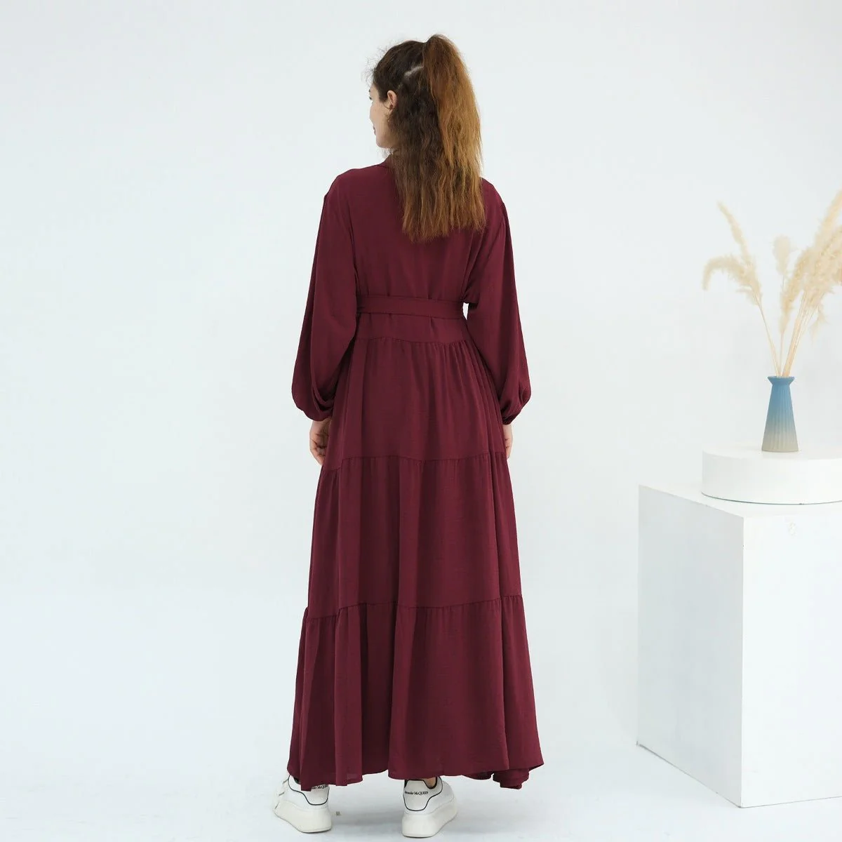 Solid Color Puff Sleeve Layered Maxi Dress Robe Dress Two-Piece Set (MOA165) - Image 13