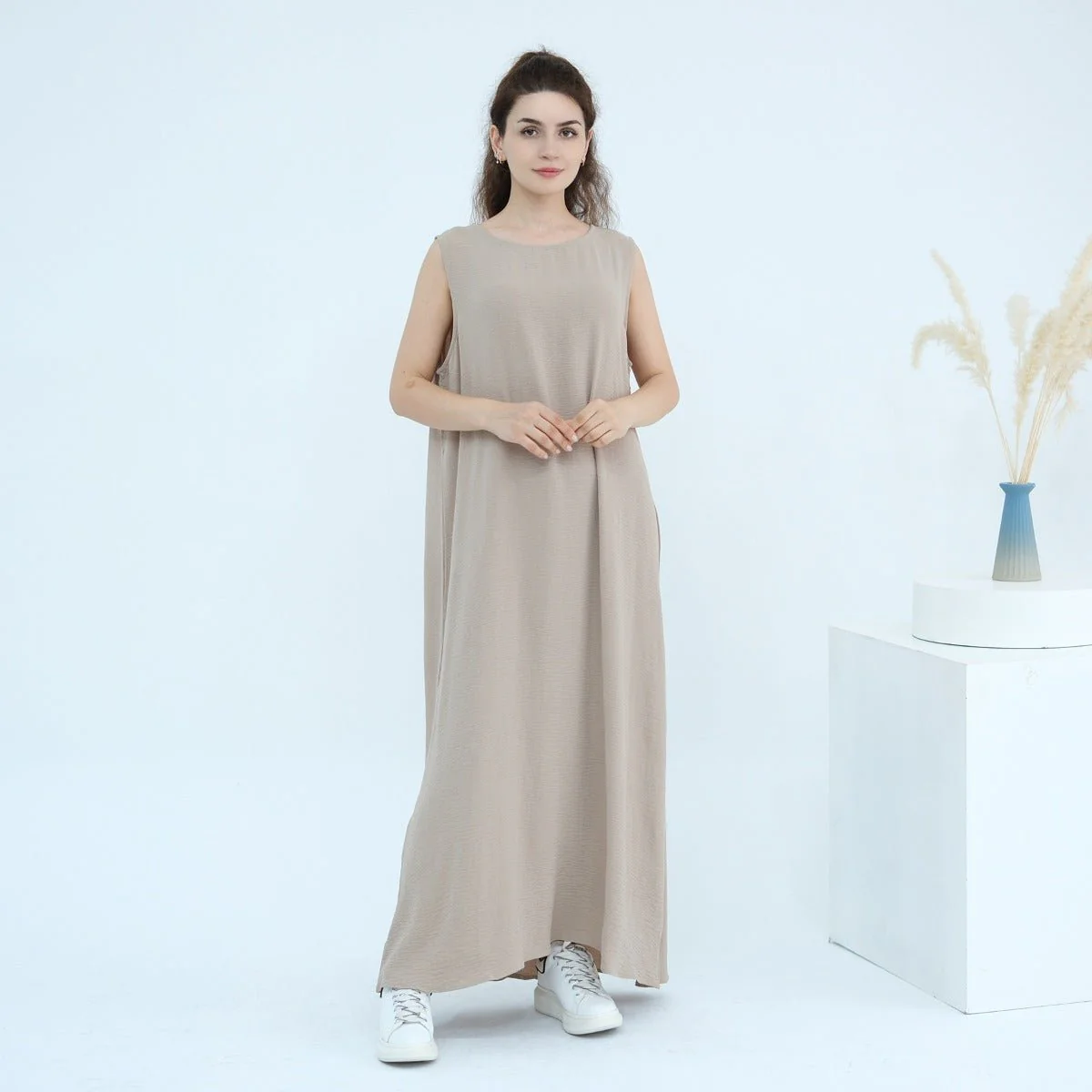 Solid Color Puff Sleeve Layered Maxi Dress Robe Dress Two-Piece Set (MOA165) - Image 14