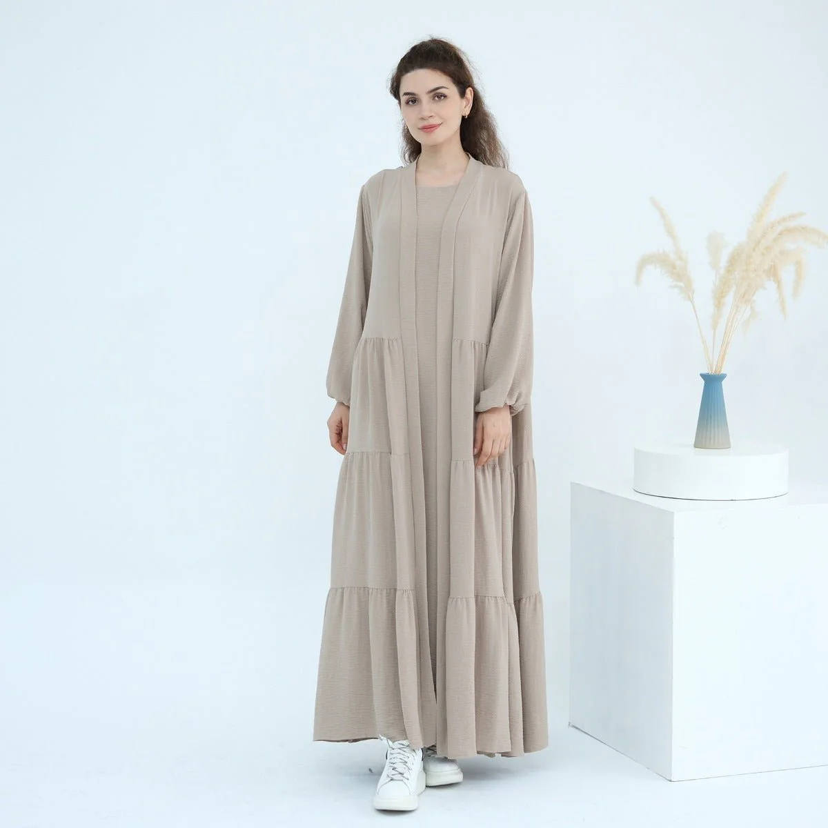 Solid Color Puff Sleeve Layered Maxi Dress Robe Dress Two-Piece Set (MOA165) - Image 15