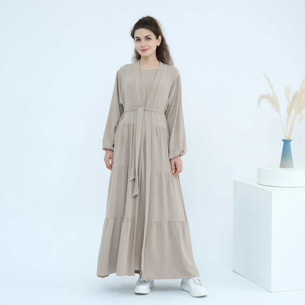 Solid Color Puff Sleeve Layered Maxi Dress Robe Dress Two-Piece Set (MOA165) - Image 16