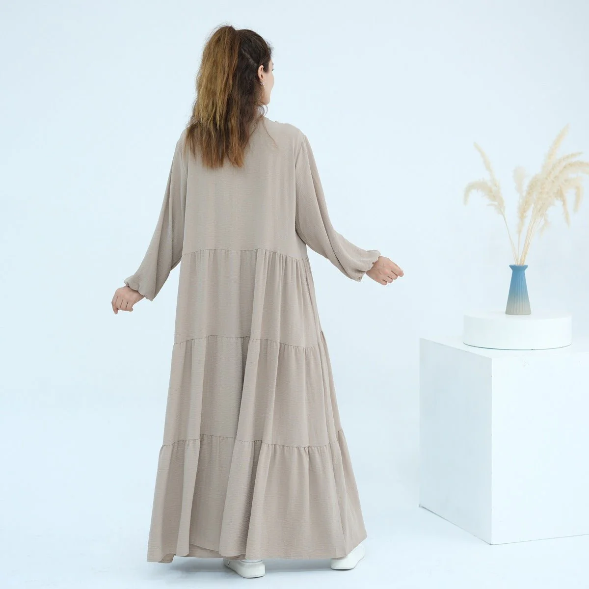 Solid Color Puff Sleeve Layered Maxi Dress Robe Dress Two-Piece Set (MOA165) - Image 17