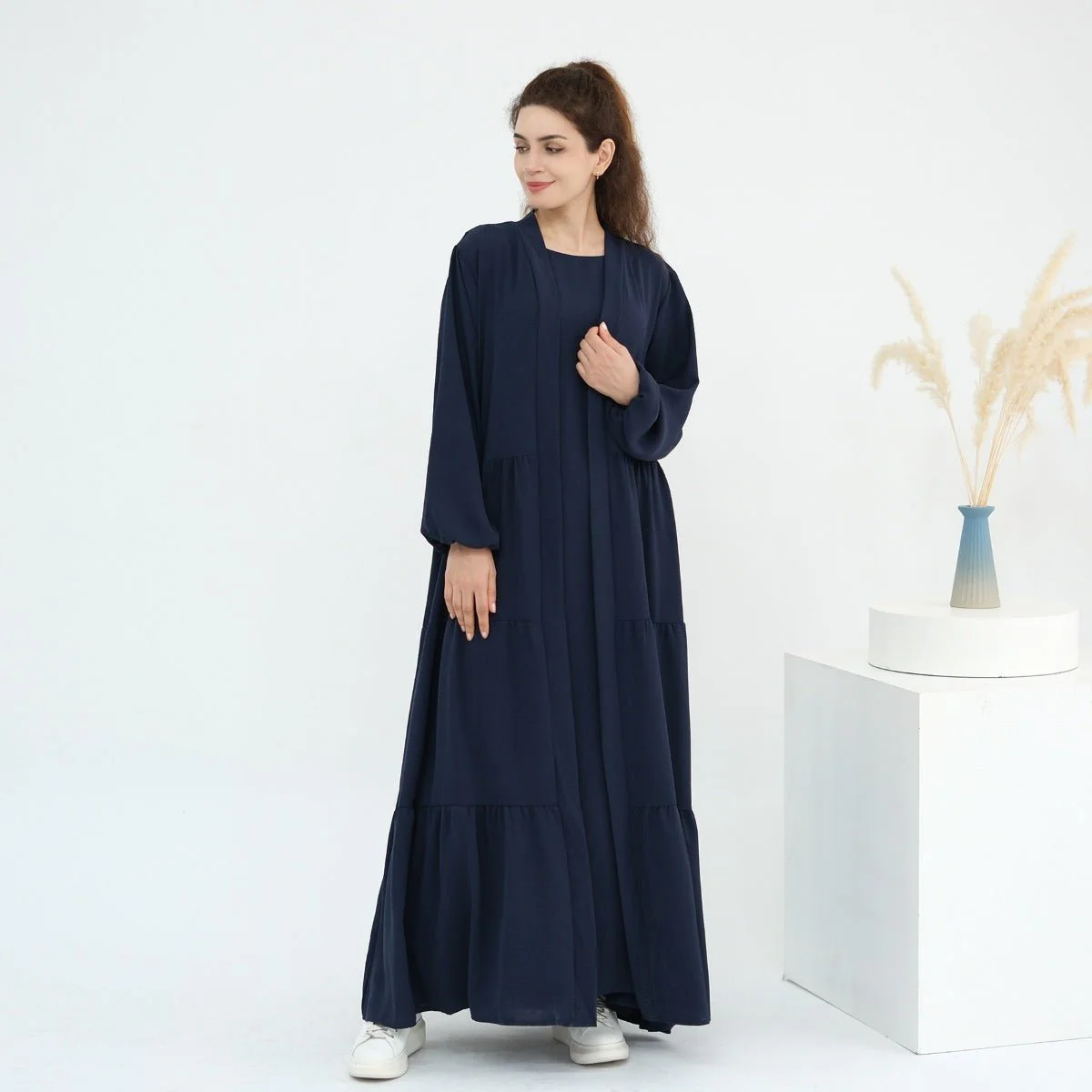 Solid Color Puff Sleeve Layered Maxi Dress Robe Dress Two-Piece Set (MOA165) - Image 19