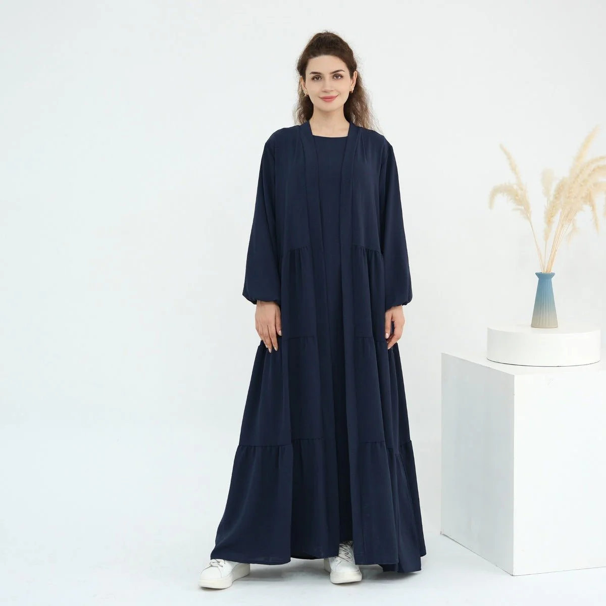 Solid Color Puff Sleeve Layered Maxi Dress Robe Dress Two-Piece Set (MOA165) - Image 20
