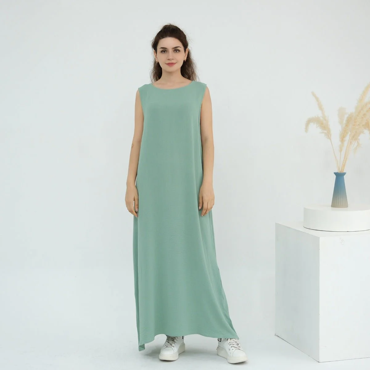 Solid Color Puff Sleeve Layered Maxi Dress Robe Dress Two-Piece Set (MOA165) - Image 21