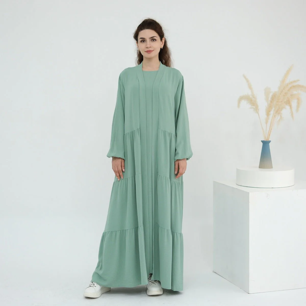 Solid Color Puff Sleeve Layered Maxi Dress Robe Dress Two-Piece Set (MOA165) - Image 23