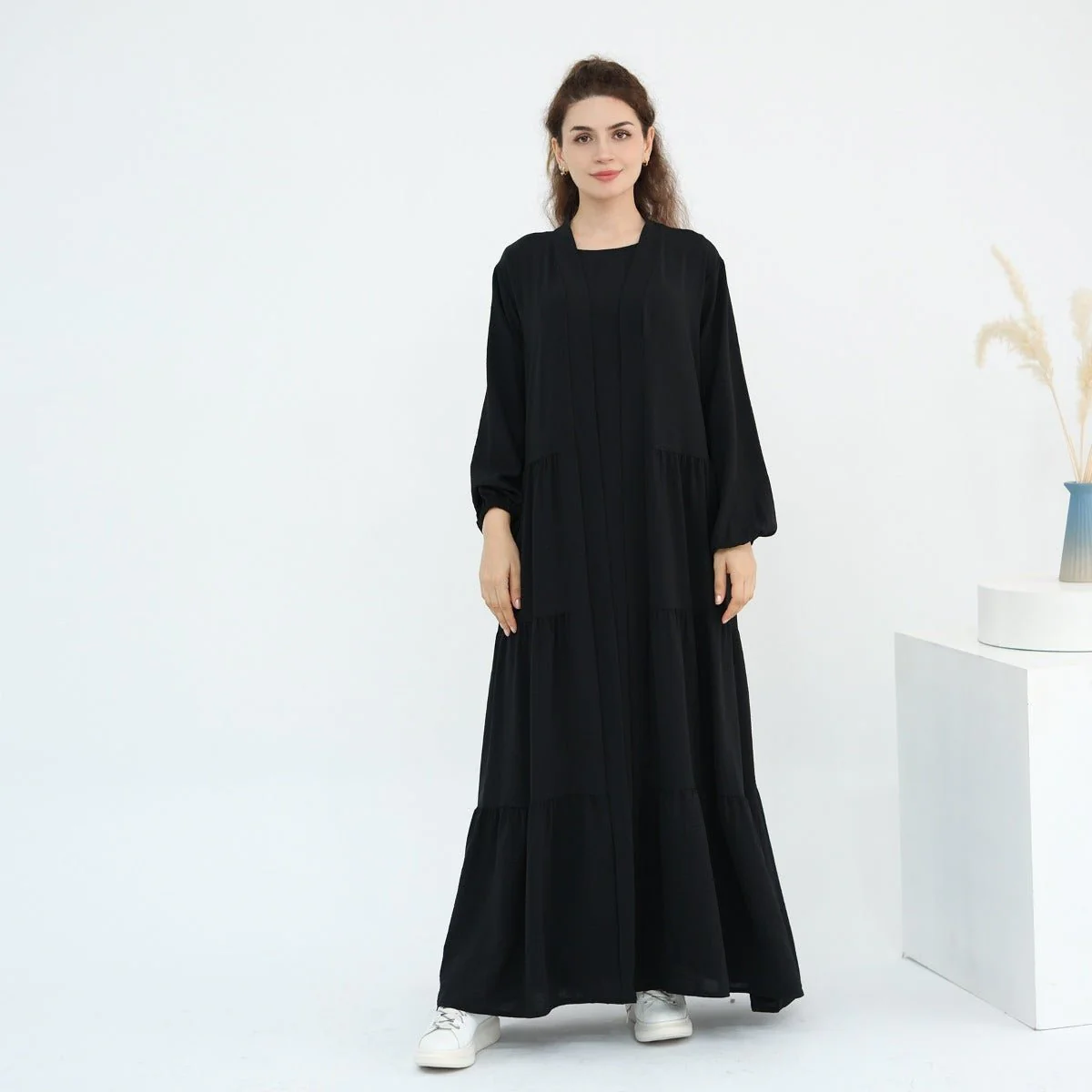 Solid Color Puff Sleeve Layered Maxi Dress Robe Dress Two-Piece Set (MOA165) - Image 24