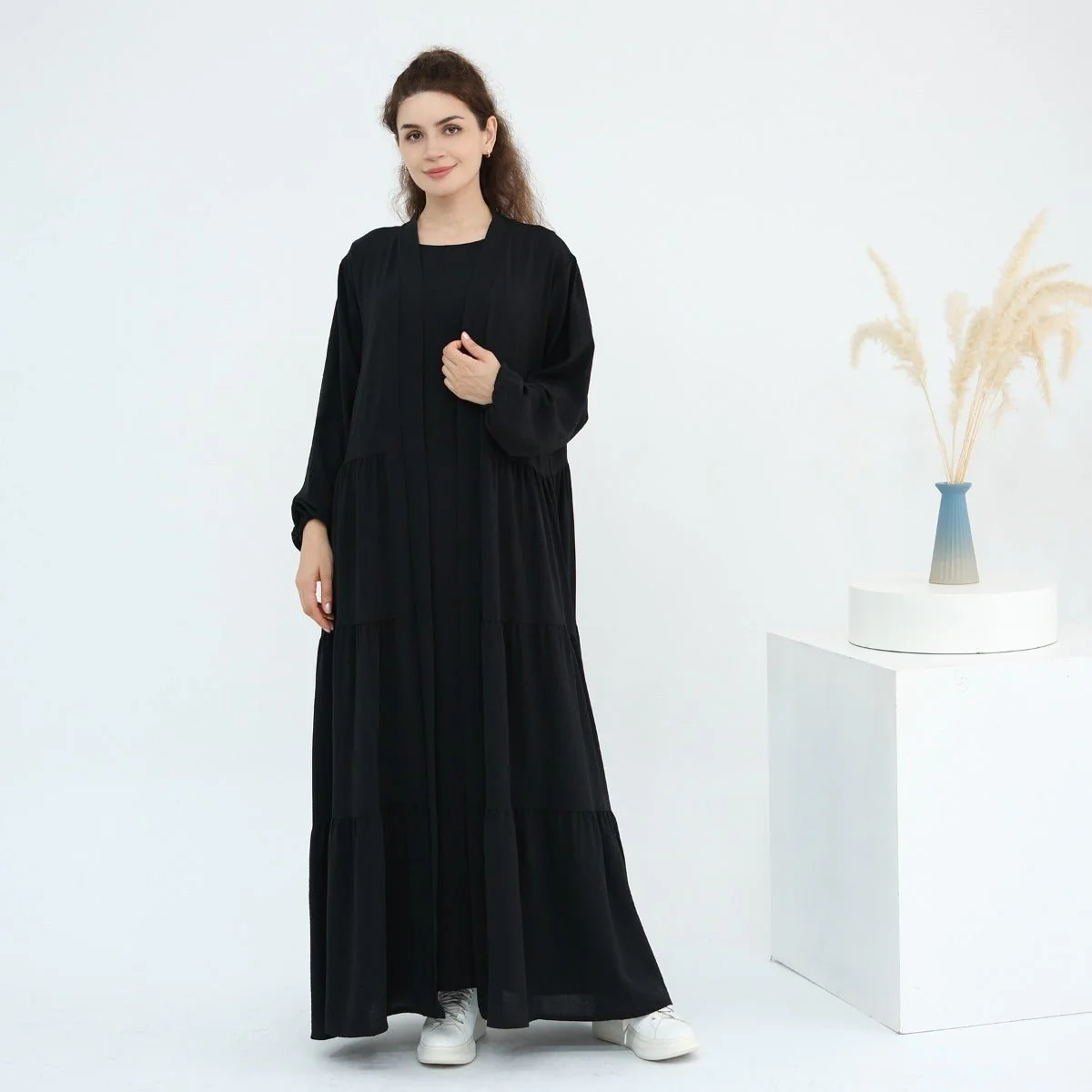 Solid Color Puff Sleeve Layered Maxi Dress Robe Dress Two-Piece Set (MOA165) - Image 25