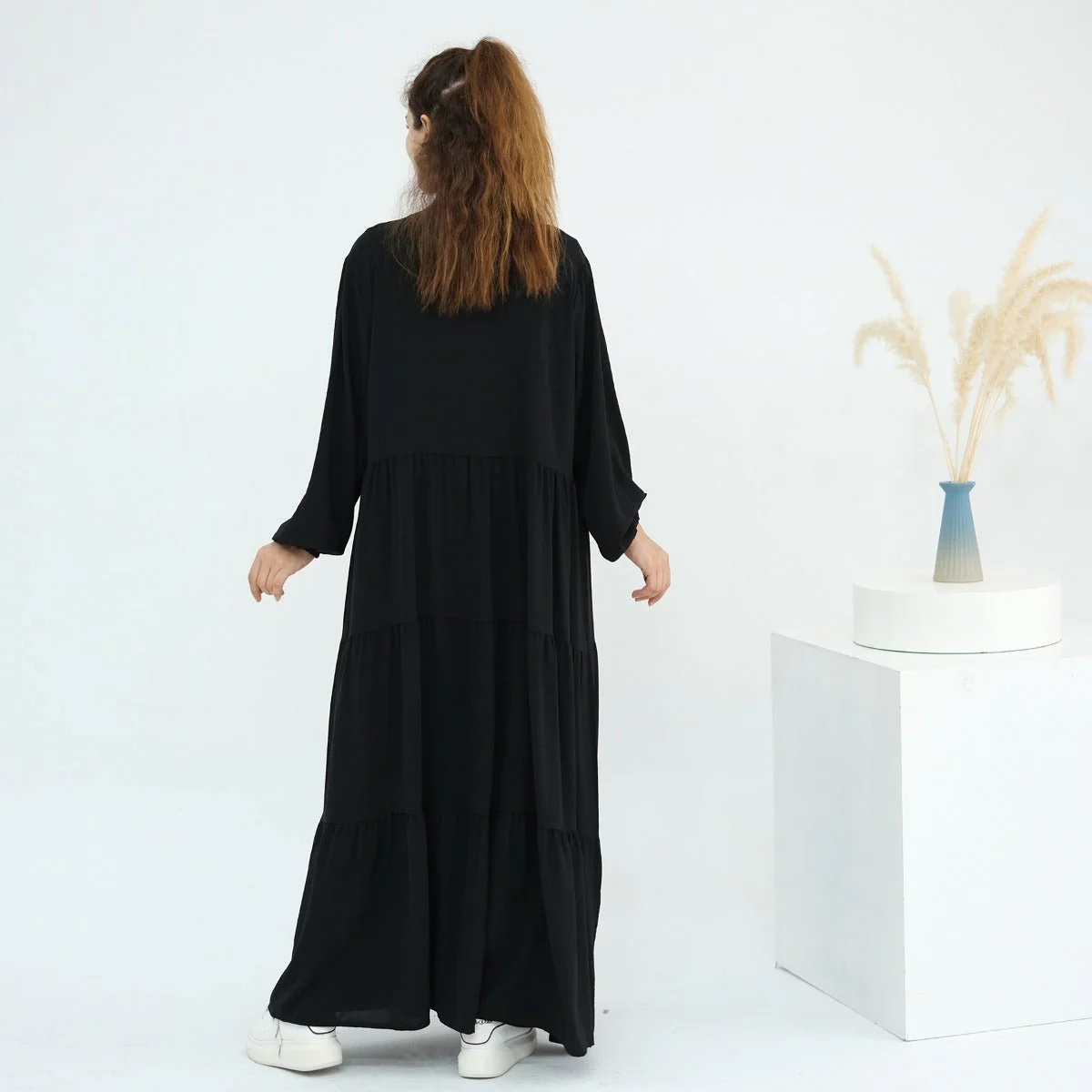 Solid Color Puff Sleeve Layered Maxi Dress Robe Dress Two-Piece Set (MOA165) - Image 26