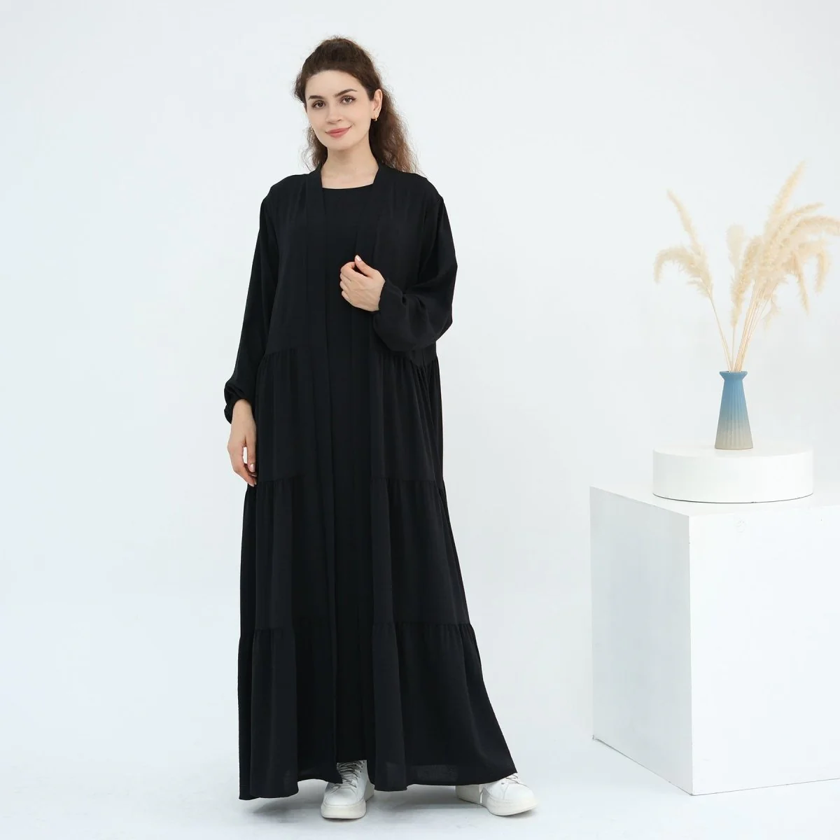 Solid Color Puff Sleeve Layered Maxi Dress Robe Dress Two-Piece Set (MOA165) - Image 28