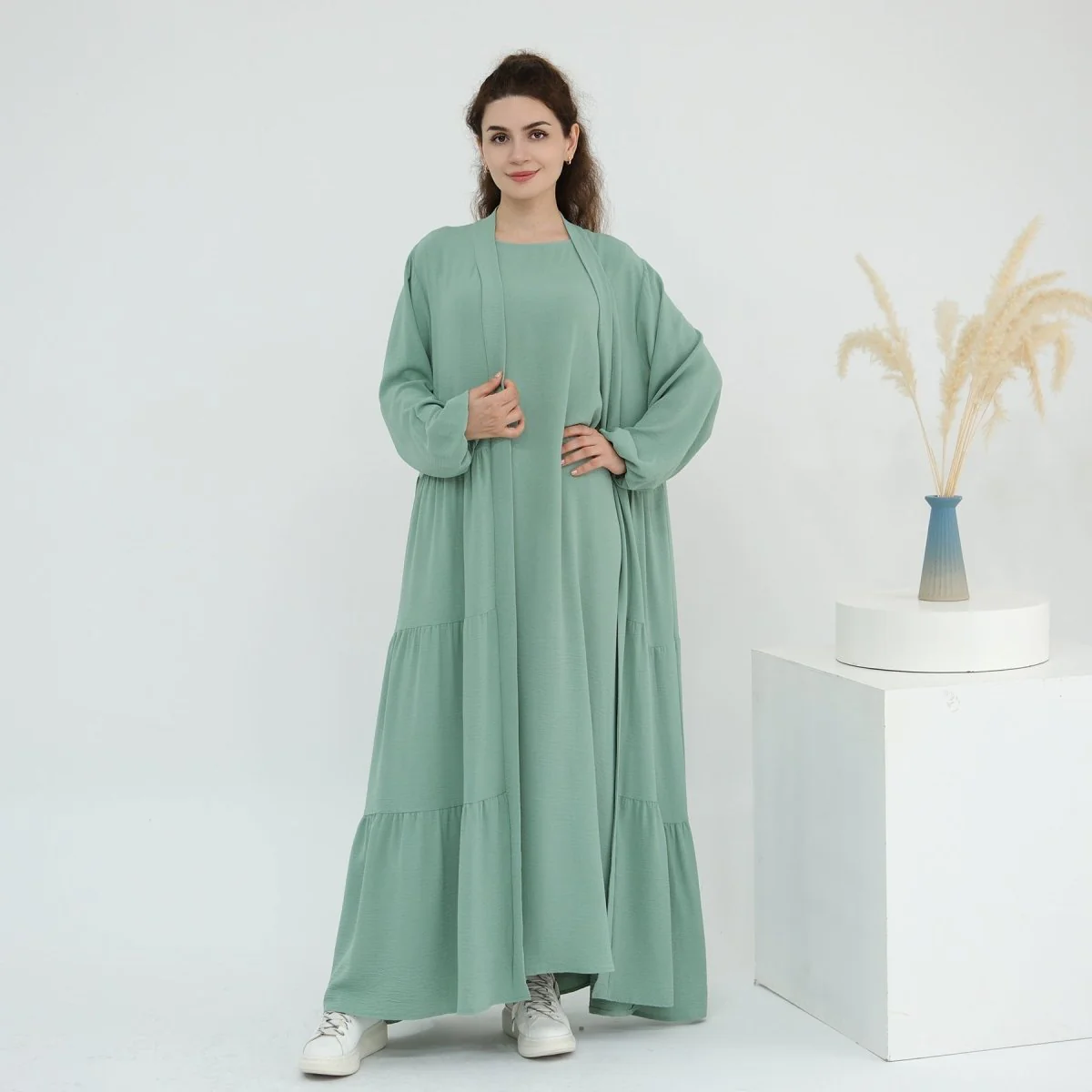Solid Color Puff Sleeve Layered Maxi Dress Robe Dress Two-Piece Set (MOA165) - Image 29