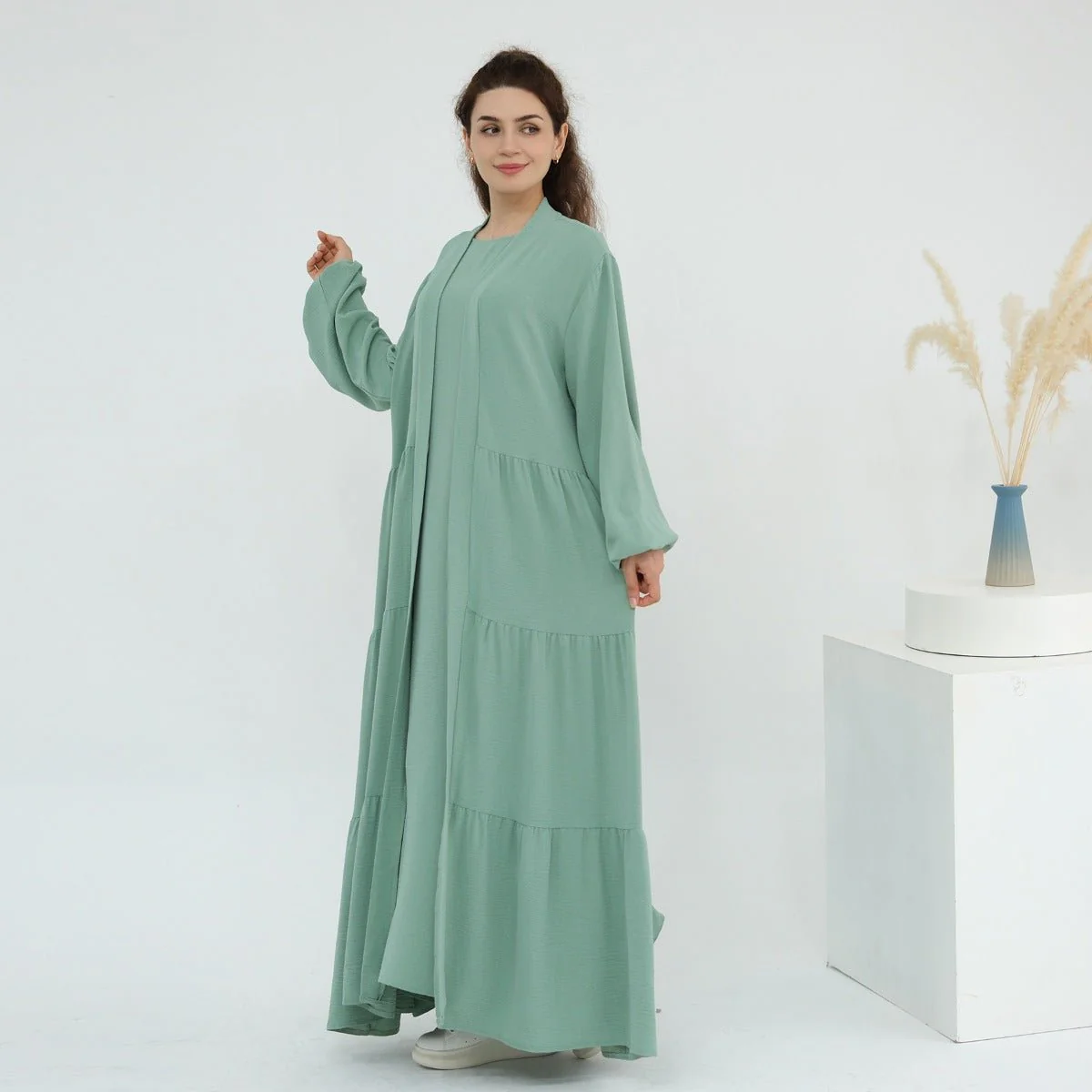 Solid Color Puff Sleeve Layered Maxi Dress Robe Dress Two-Piece Set (MOA165) - Image 3